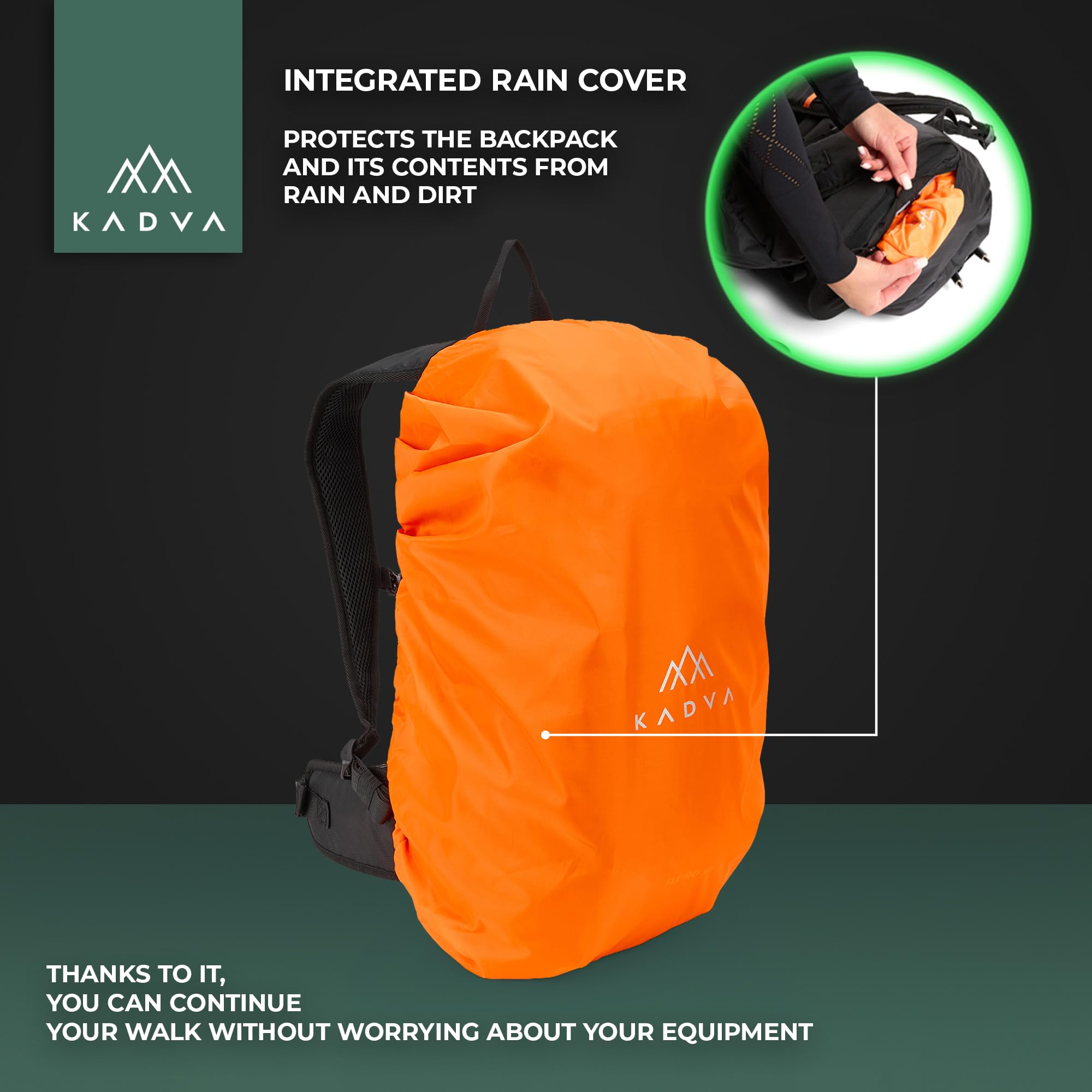KADVA Fleiro 30L Mochila de Senderismo con Portaequipajes, Funda para Lluvia, Compresión, Bolsillos, Cinturón de Cadera, Organizador, Trekking y Montañas.
