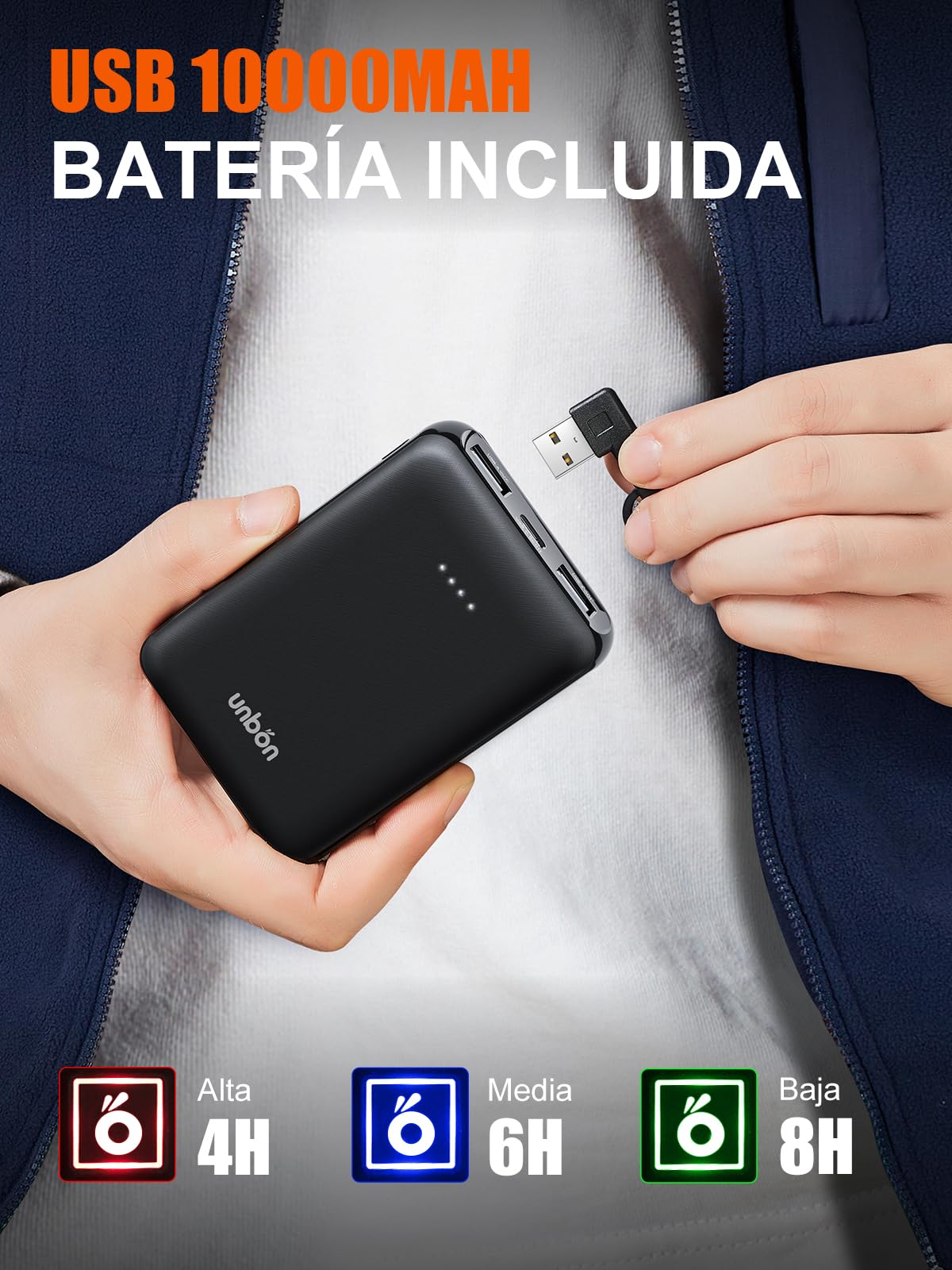 UNBON Chaleco Calefactable Hombre con Batería USB 10000mAh, Chaleco Térmico Eléctrico Polar, Chalecos Calefactor Hombre con 3 Temperaturas 6 Zonas Calefactables para Moto Caza Trabajo, Azul, S