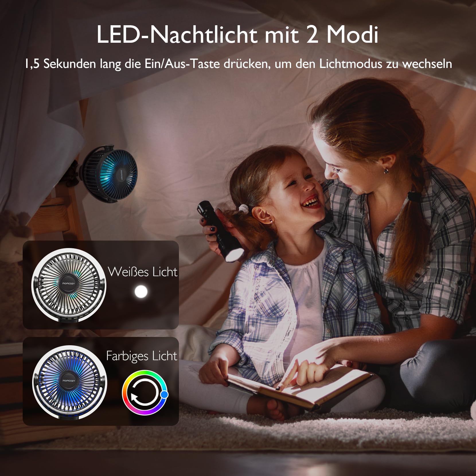 Momcozy Tragbarer Kinderwagen-Ventilator 8000 mAh 27H Akkulaufzeit Clip Ventilator 360° drehbar LED-Nachtlicht wiederaufladbar USB