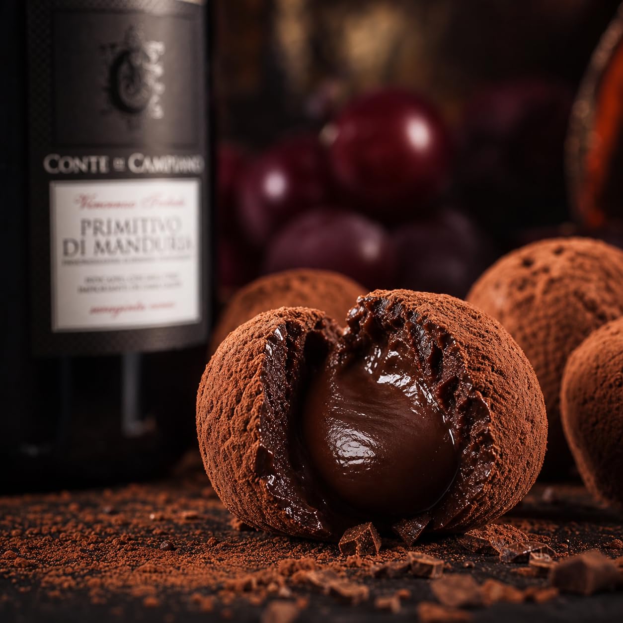 The Wine Guys Conte di Campiano "DOPPIO BENE" Präsentkorb mit Rotwein, Schokolade Trüffel und Zartbitterschokolade | 2 × 750 ml | 4 Stück (1er Pack) | Verpackung kann abweichen