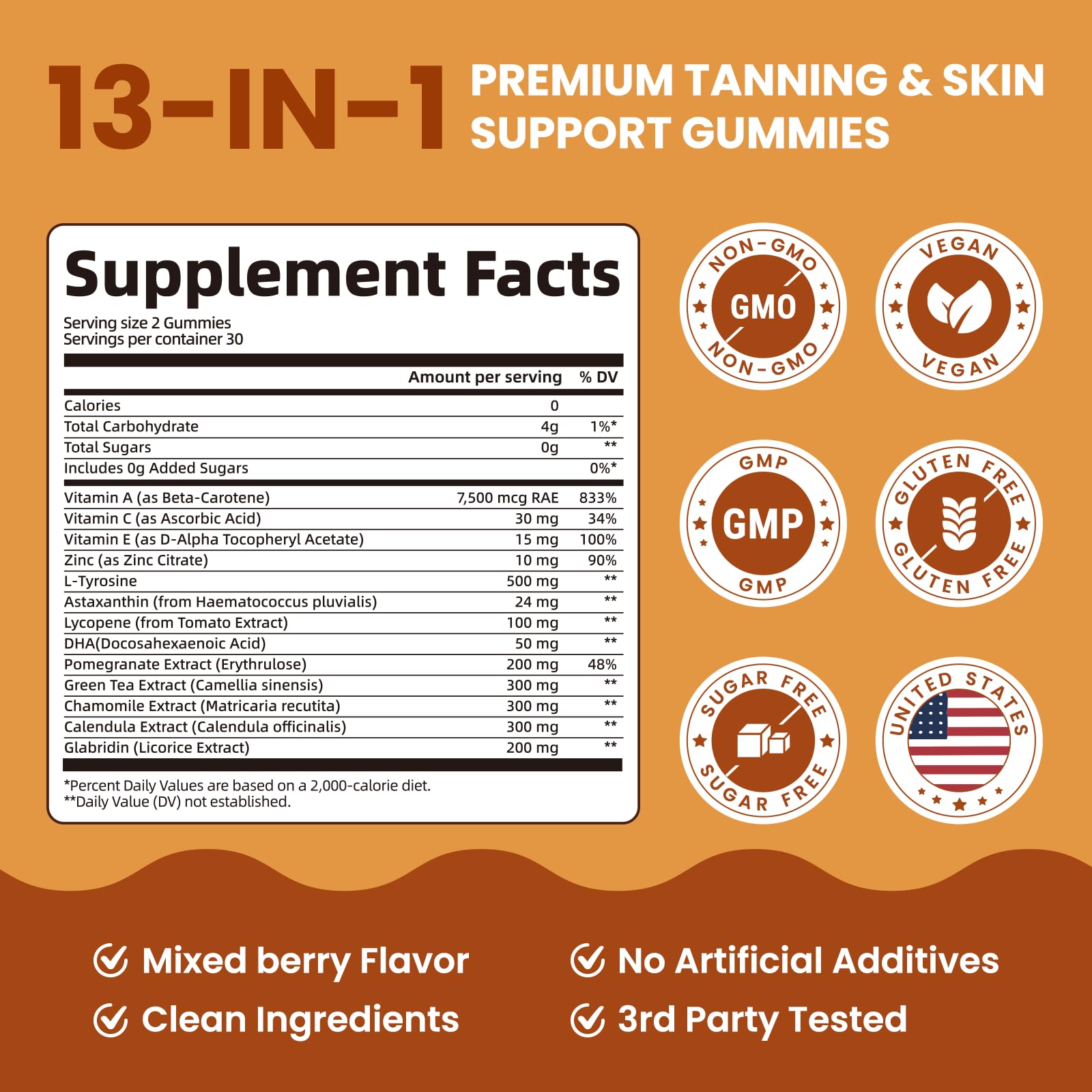 Tanning Gummies with Astaxanthin 24mg, Sunless Tanning Supplement with Beta Carotene, Vitamins for Natural Glow, Skin Health, Antioxidant & Self Tanner, Vegan & Sugar Free, Mixed Berry Flavor — Amazon image 3