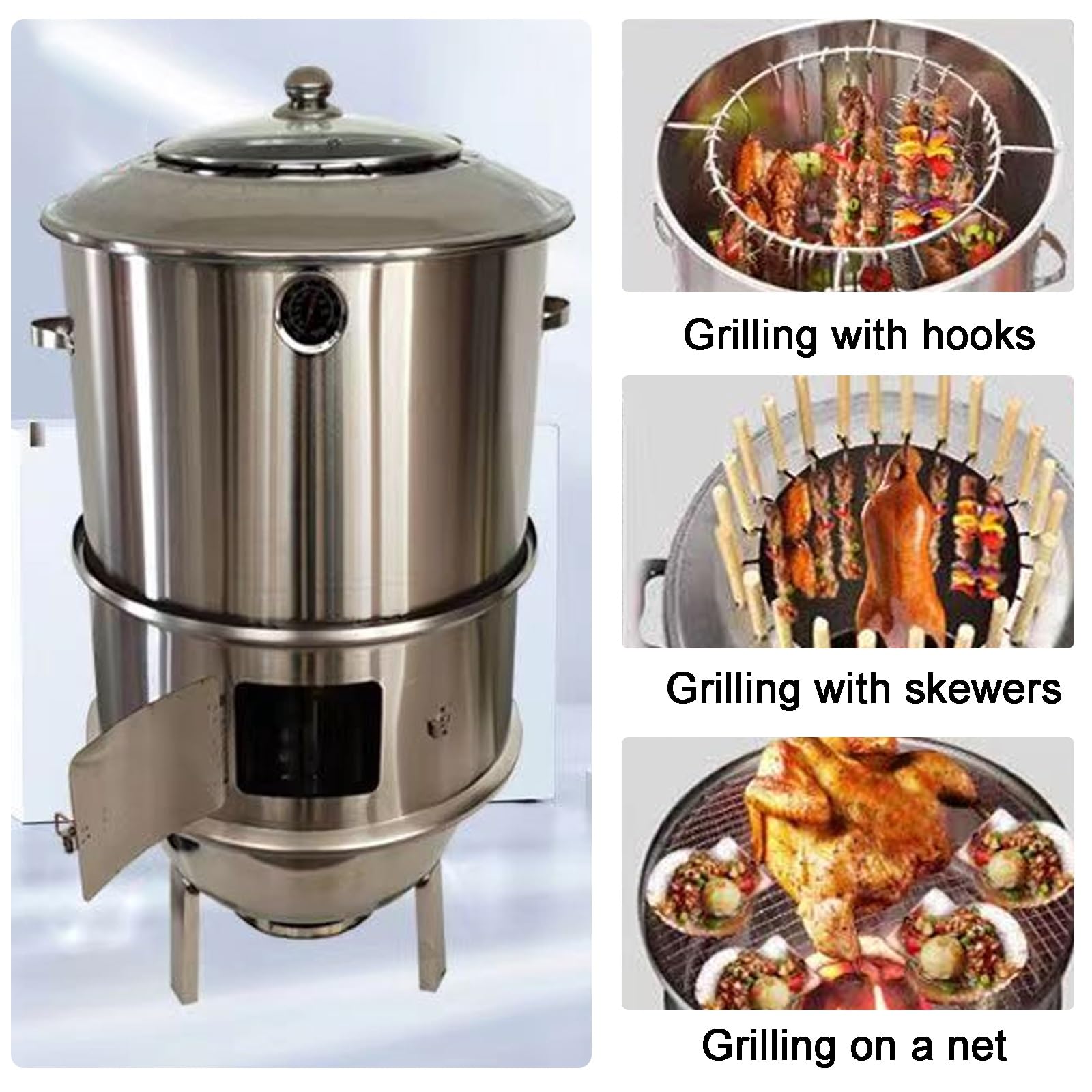 Barile per Affumicatura, Griglia Sospesa in Acciaio Inox per Barbecue, Rotazione a 360° Senza Fumo, Design Antiscottatura