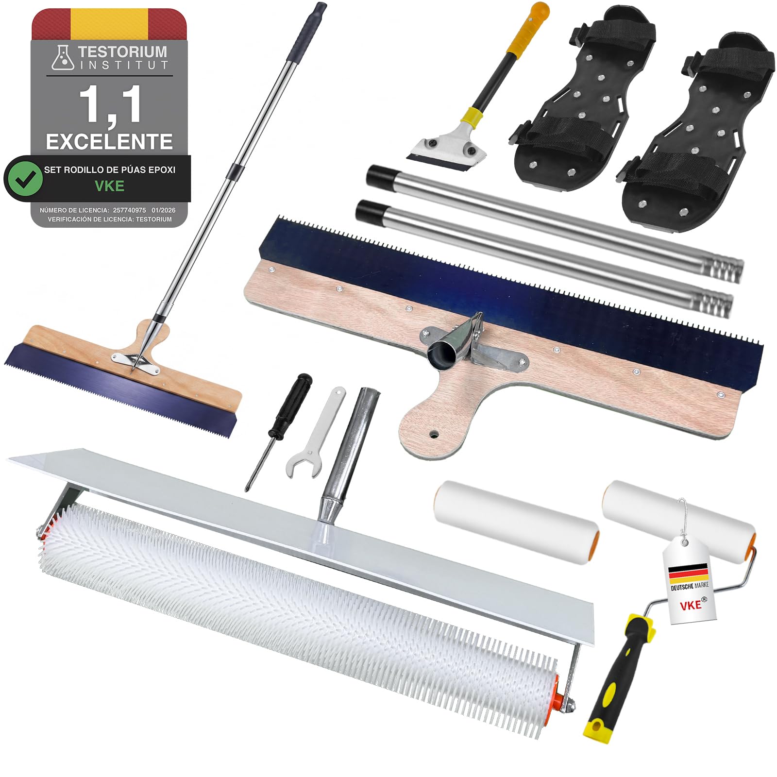 VKE Rodillo Púas Autonivelante 50cm Antisalpicaduras,Palo Telescópico 162cm | Incluye Rascador Autonivelante 56cm y Zapatos Aireadores para Césped, Set Completo Herramientas Para Autonivelante
