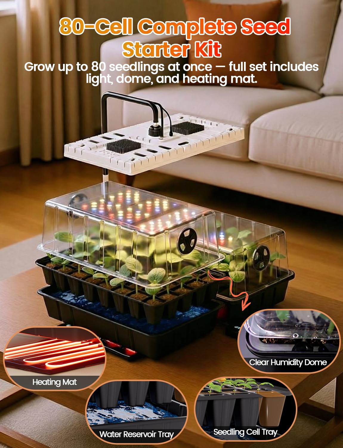 MetryGrow Bandeja de inicio de semillas de 80 celdas con luz de crecimiento de espectro completo de 48 W y alfombrilla de calefacción de 30 W, cúpula ajustable y soporte de luz, base impermeable, kit