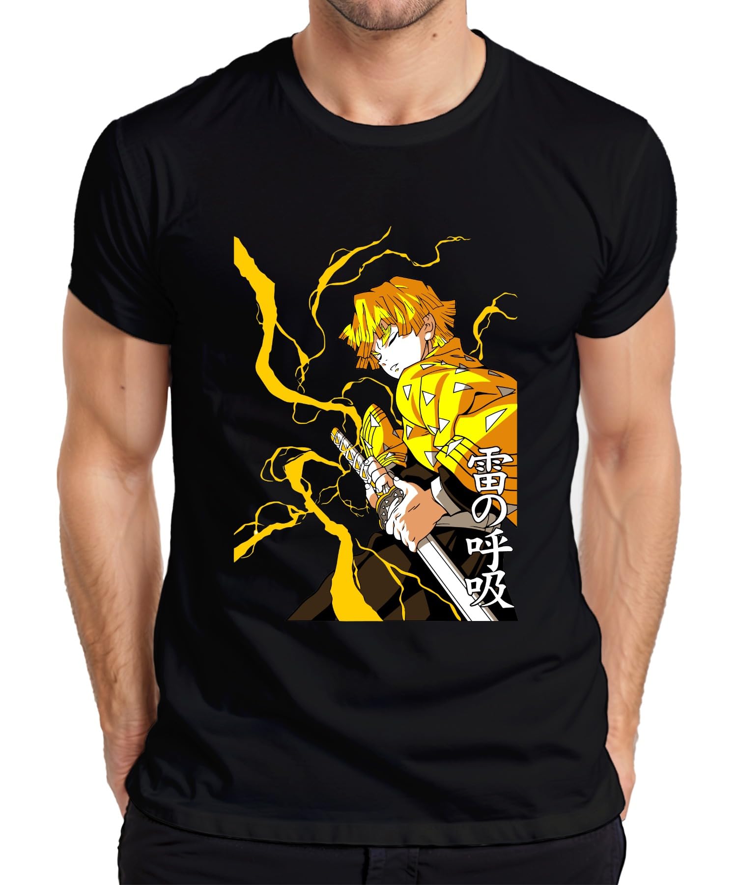 Printera Men's Black Zenitsu Kimetsu No Yaiba Lightning Sword Anime Manga Gift T-Shirt, M