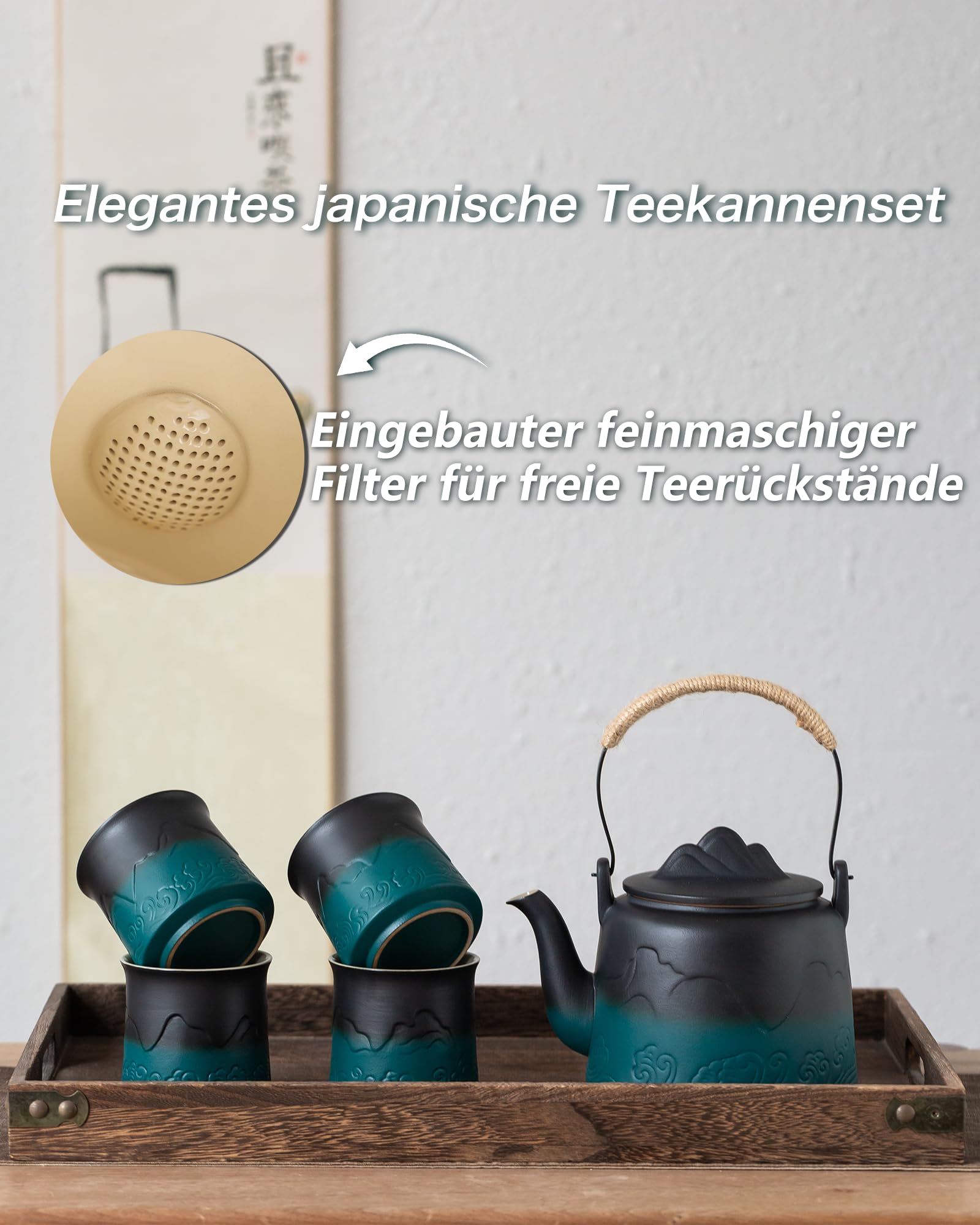ZENS Design Japanische Teeservice,1000ml Gradienten Geprägtem Japanische Teekanne mit 4 Tassen Set, Hanfseilgriff Teeset mit Eingebautes Sieb für Weißer Losen Tee Steeper, Schwarz & Grüner