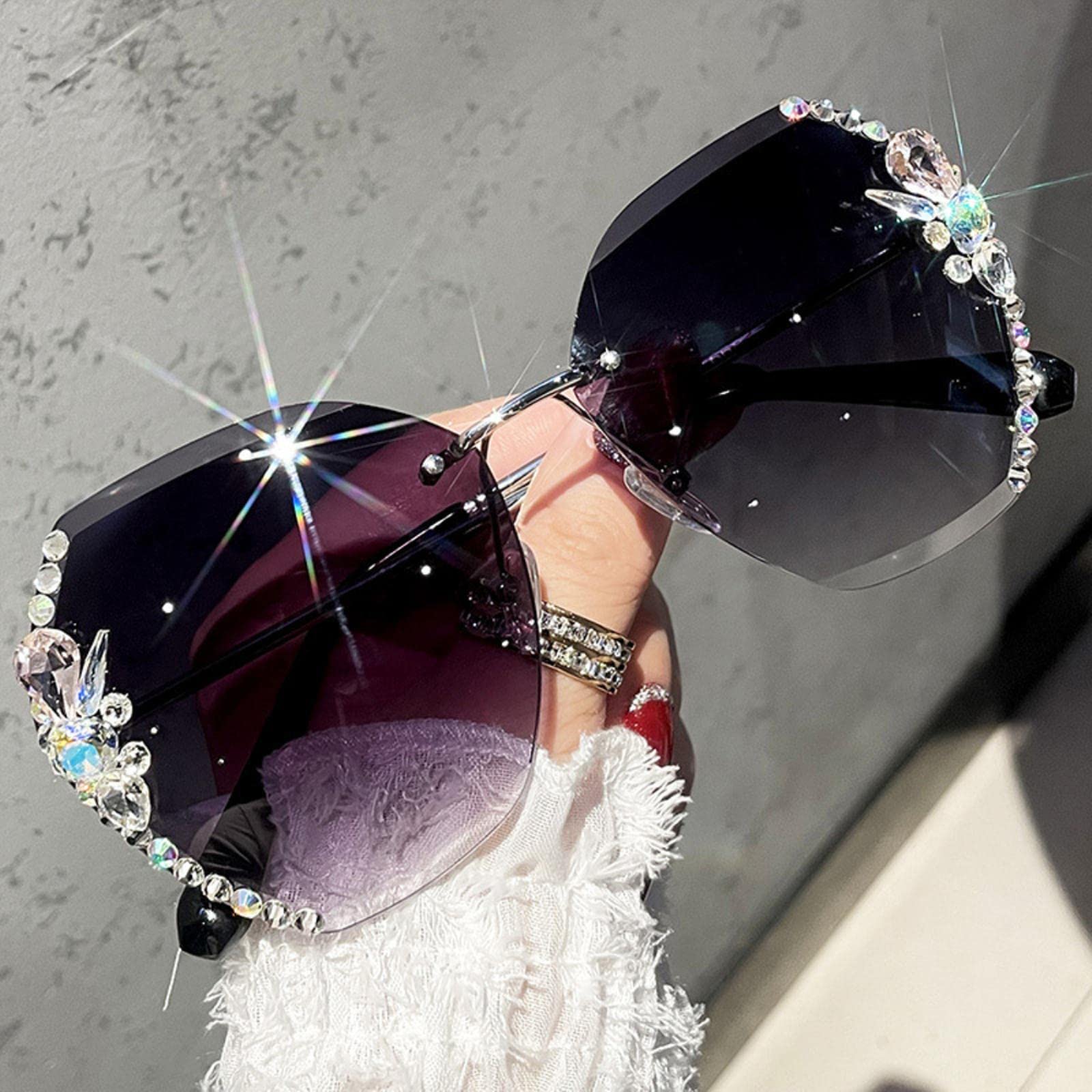 Occhiali Da Sole Unisex Senza Montatura Grigio Sfumato - Formato Rettangolare Taglio Diamante, Protezione UV400 - 5