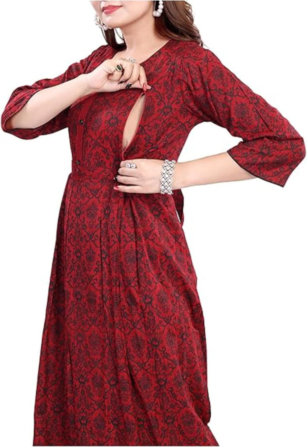 Women's Cotton Rayon A-Line Flared Maternity Kurti with Zipper, Feeding Kurti for Pre and Post Pregnancy
