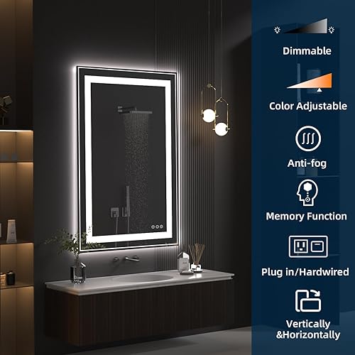 Miniatura 2 de Espejo de baño LED de 32 x 24 pulgadas, espejo LED frontal y retroiluminado para baño, espejo de tocador LED antiniebla, 2700K-6000K, espejo de