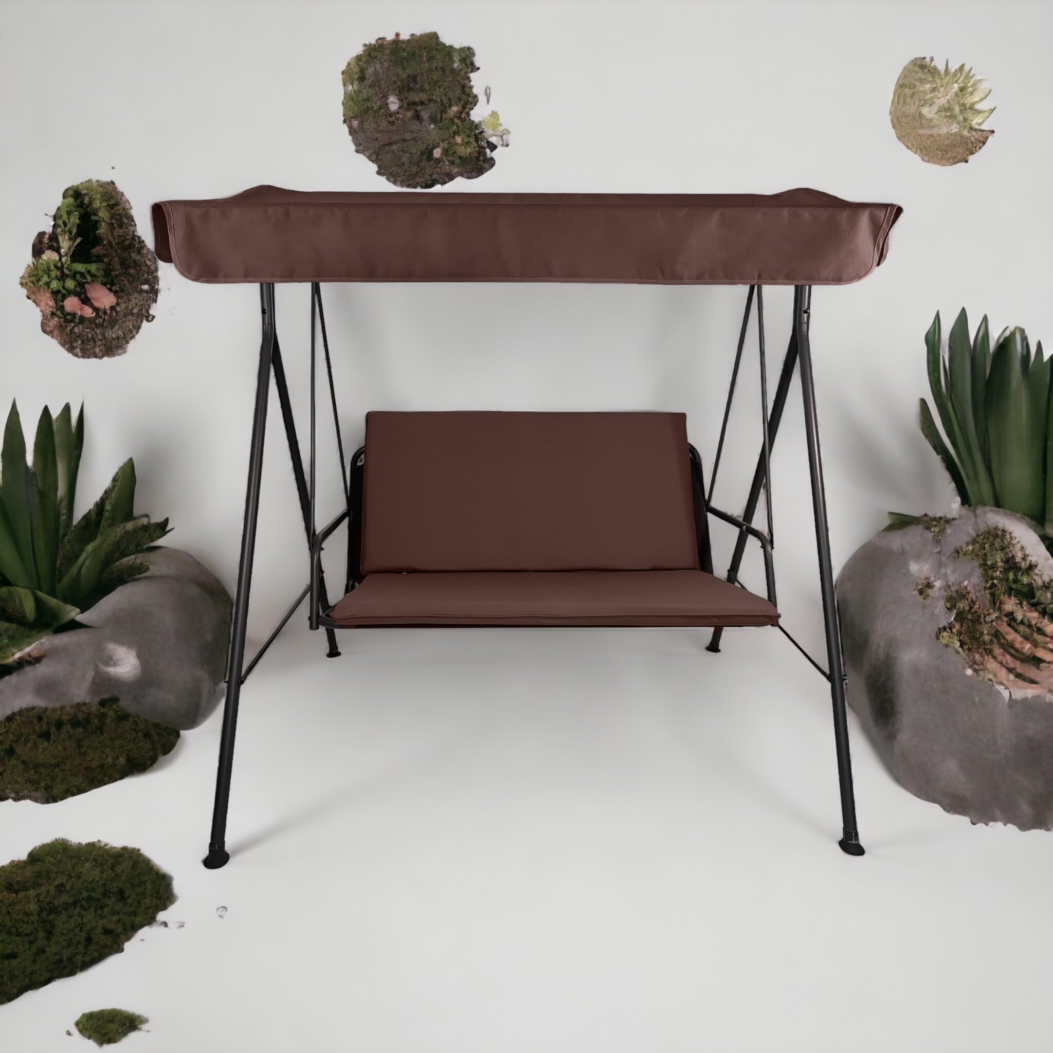 Cuscino compreso Tettuccio Impermeabile per dondolo da giardino 2, 3 e 4 posti spessore 8 cm (Cuscini 155x55 | Telo 192x124, Marrone)