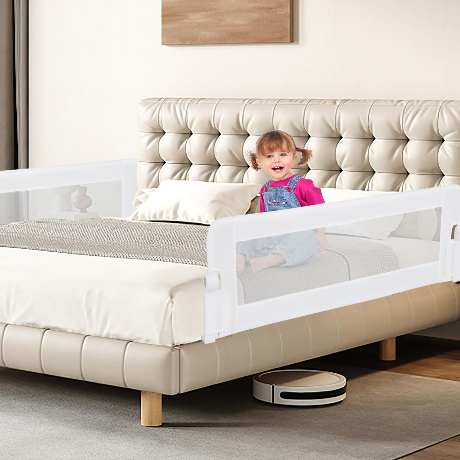 LIFEZEAL Barandilla de Cuna Plegable con Correas, Barrera de Seguridad Infantil rellena de algodón, protección anticaída de Cuna de Tejido Oxford, 152x34x42cm (Blanco)
