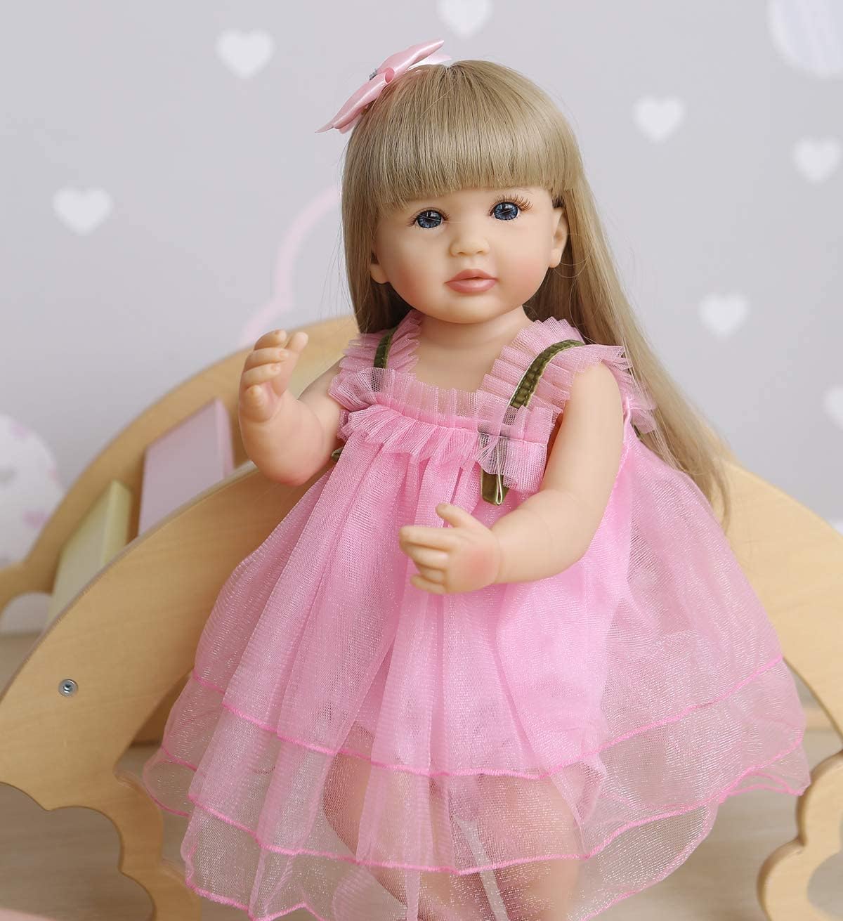 Pinky Reborn Baby Dolls Full Body Silicone Vinyl Girl 22 inch 55 cm Realistic Lifelike Toddlers Newborn Baby Doll Waterproof with Blond Long Hair Pink Dress for Girls Birthday Xmas