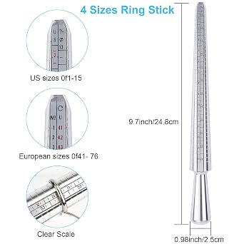 UUBAAR Ring Sizer Measuring Tool Kit, Aluminum Mandrel, 27 Stainless Steel Ring Sizing Gauge Measurer (US Size 0-13), 2 Finger Belts 1-17 (1 with Magnifier), Polishing Cloth, Men Women Wedding Jewelry