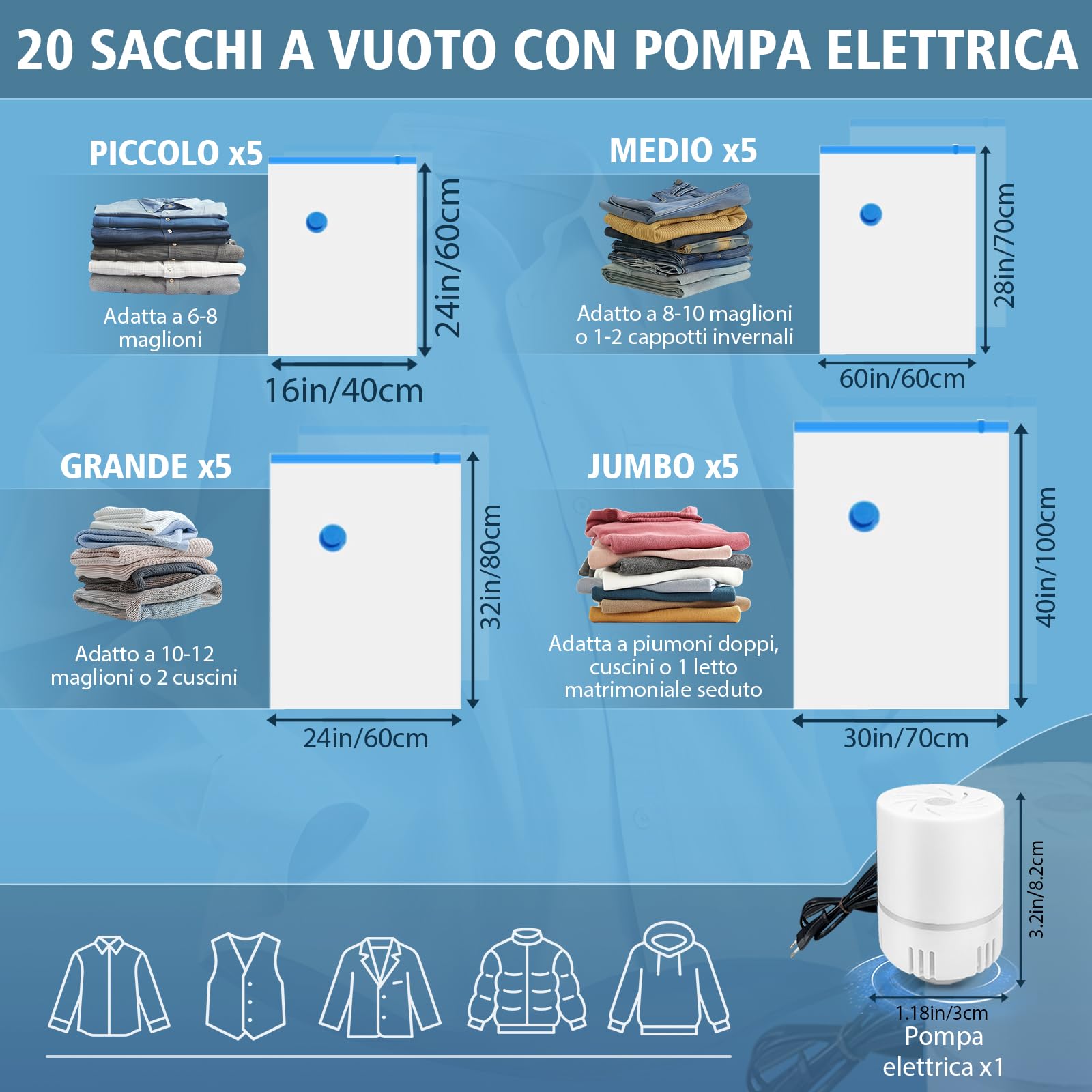 20 Pezzi Sacchetti Sottovuoto Vestiti Buste Sottovuoto Vestiti Piumoni 5 Misure con Pompa Elettrica Sacchi Sottovuoto Piumoni Risparmio 80% Spazio Riutilizzabili per Casa Viaggio