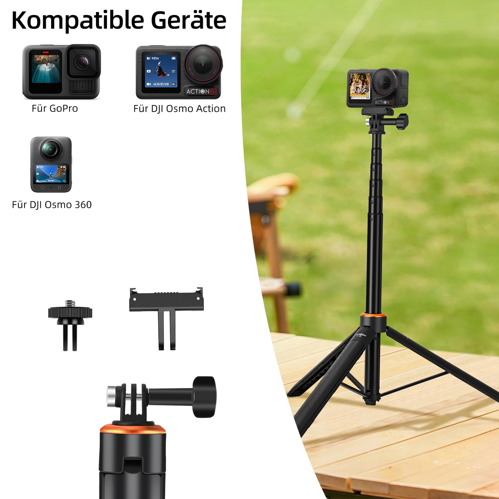 135cm Selfie Stick Stativ für DJI Osmo Action 5 Pro/4/3, Pocket 4/3, Osmo 360, GoPro, 2-in-1 Reisestativ mit Magnetischem Schnellverschluss-Adapter