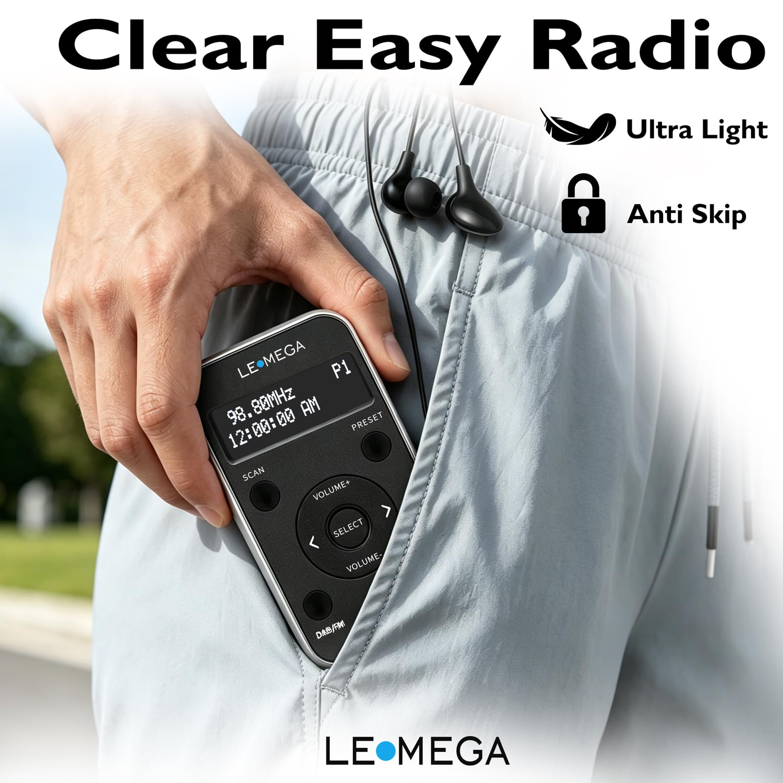 LEMEGA PR1L Radio Dab de Poche, Radio FM,Radio Dab+ Portable, écouteurs Inclus, Batterie Rechargeable, 40 présélections, écran LCD, Radio Dab pour Le Sport avec Interrupteur verrouillable.Noir/Argent