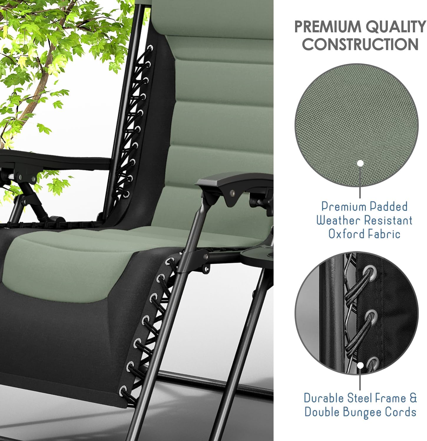 Nestl Outdoor Padded Zero Gravity Chair Set of 2, Patio Lounge Chair Outdoor Recliner, Oversized Anti Gravity Lounger with Adjustable Headrest and Cup Holder, Foldable for Camping- Black/Sage Green