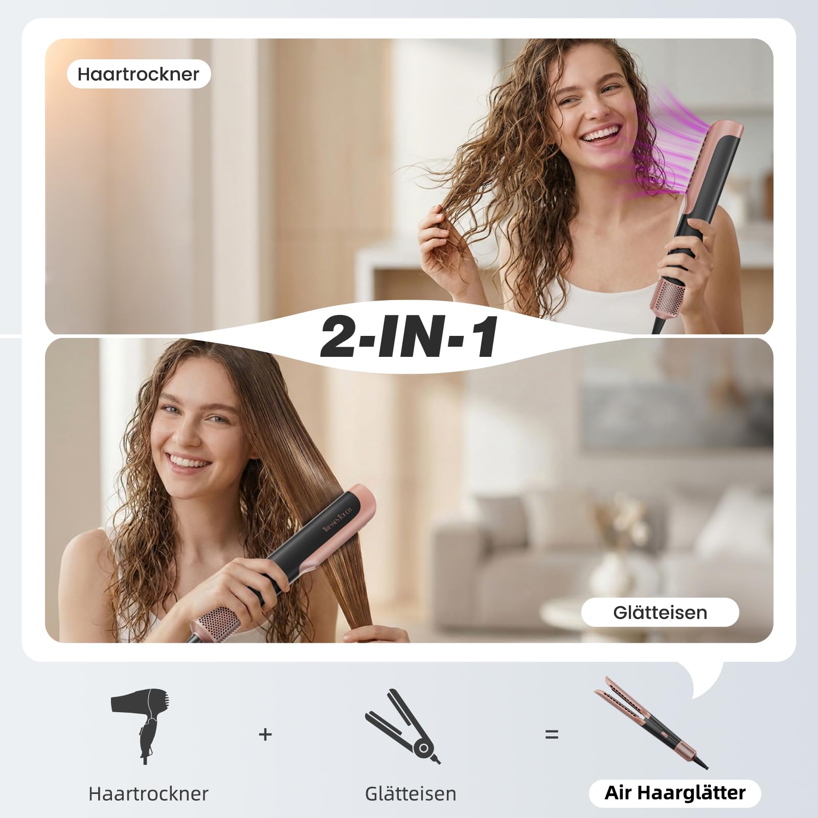 Airstraight Glätteisen mit Föhn, Ionen Air Haarglätter, Keine Hitzeschäden, Keine Heißen Platten, 110.000 U/min Air Straight Hair Straightener, 1300W, Max 160 ℃, für Mittleres Haar und Langes Haar