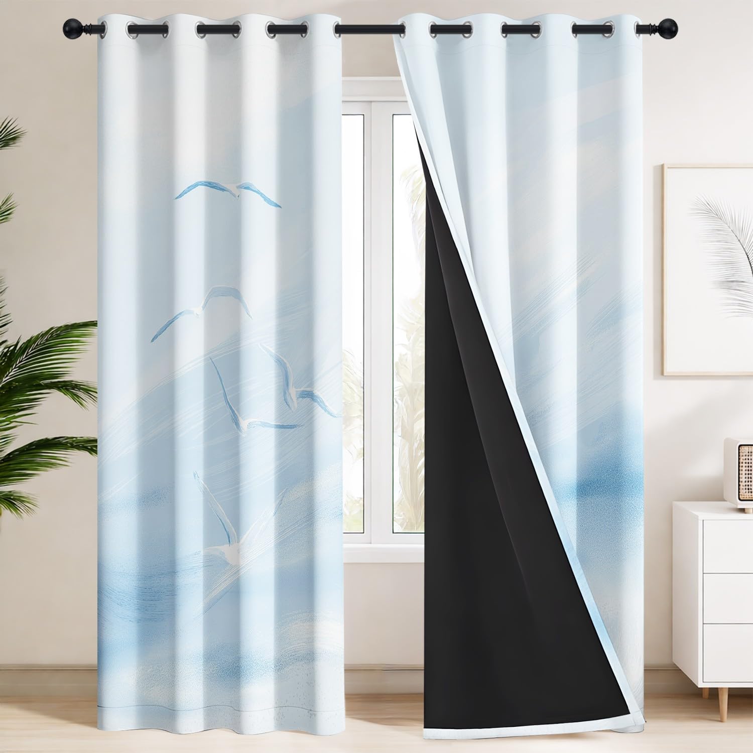 Generisch Strand Möwen Himmel Blickdichte Vorhänge, B 110 x H 215 cm Verdunklungsvorhänge mit Ösen, Thermovorhänge für Wohnzimmer, Schlafzimmer, Aquarell Meer 2er-Set