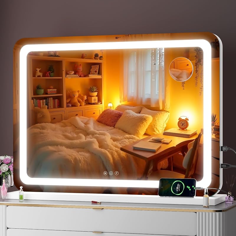 Espelho para maquiagem Batuso com iluminação LED, 81,28 cm x 55,88 cm, ampliação 10X, 3 modos ajustáveis, função de memória, toque inteligente e porta USB, branco