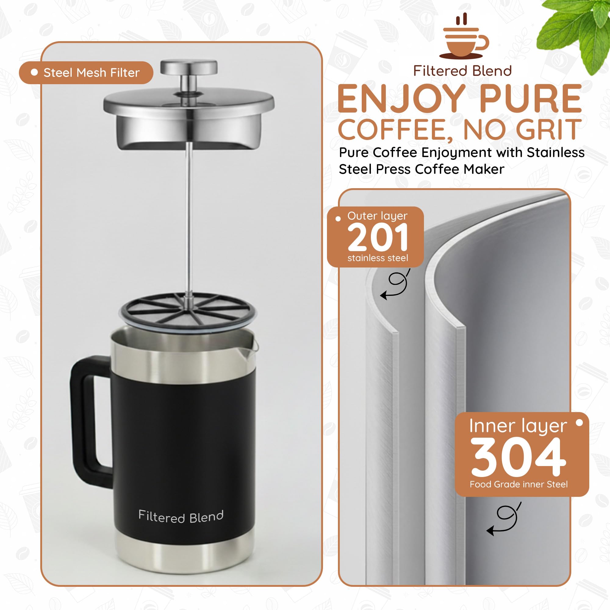Filtered Blend 1.6L French Press Coffee Maker (Black) thumbnail 3