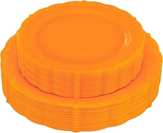 U-QE 60 Pieces Thanksgiving Plates - Thanksgiving Plastic Plates Disposable - Orange Plastic Plate for Party Including 30 Dinner 10.25 '' & 30 Dessert Plate 7.5 ''