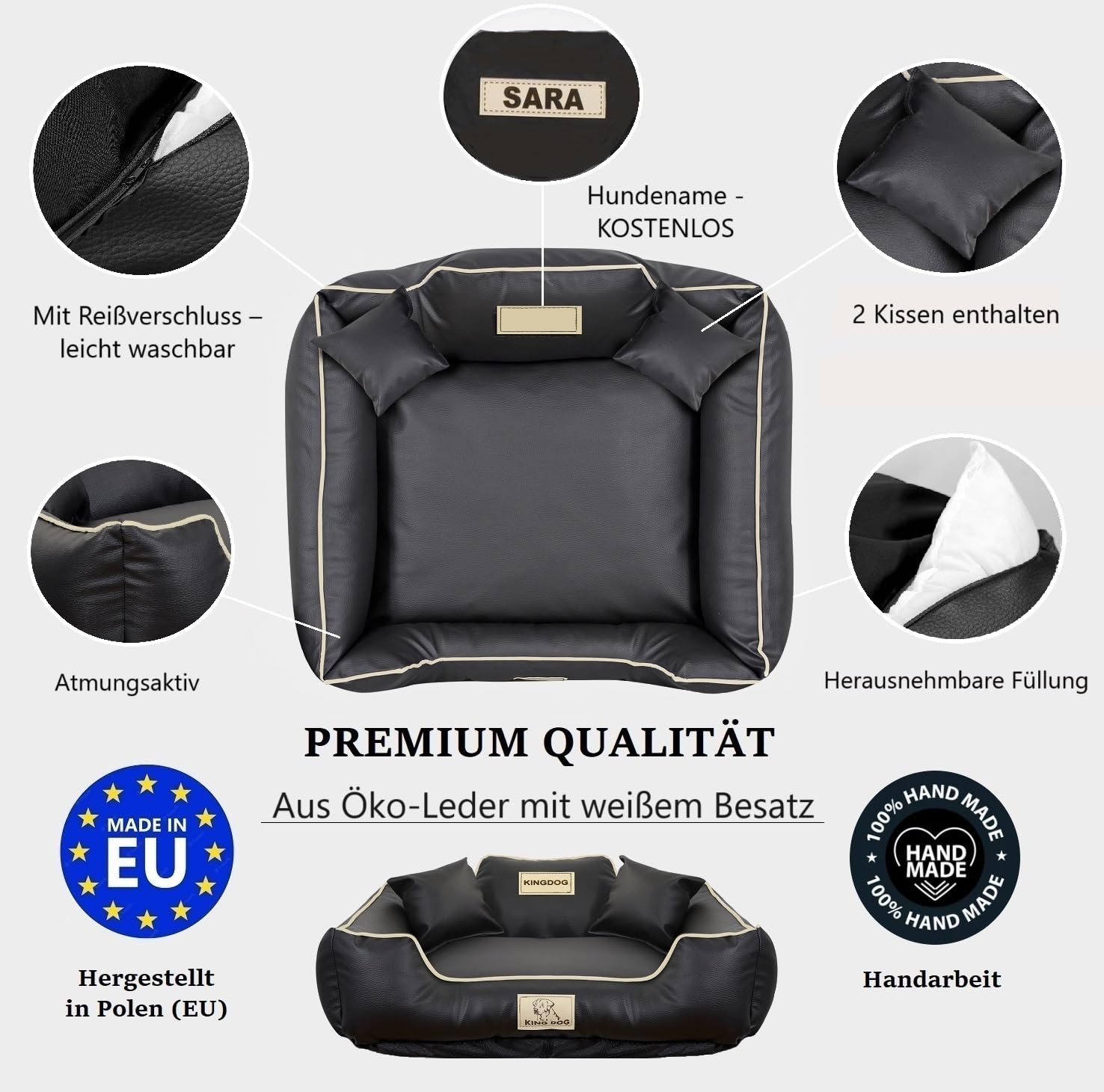 KING DOG Hundebett sehr Grosse Hunde Waschbar XL 115 x 95 cm aus Öko-Leder Hundekissen Haustierbett Hundekorb Personalisiert - Name des Hundes Wasserdichtes Material Silikon Füllung Schwarz