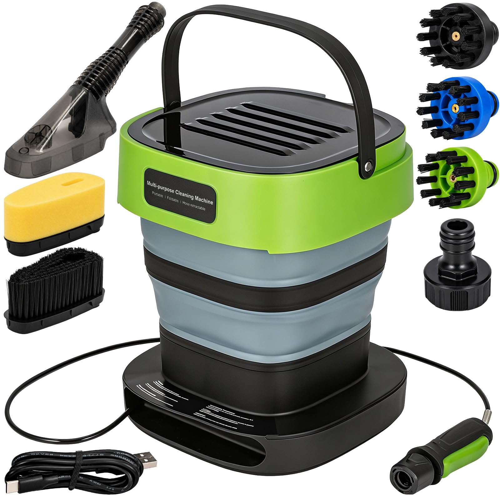 GROWNEER Portable Pressure Washer, 12L Foldable Pressure Washer with 2 Brushs & 3 Nozzles, 2000mAh, USB-C Charging, 2.3m Hose, IPX5. Ideal for Bicycle Cleaning, Camping, Yard Work, and Dog Washer