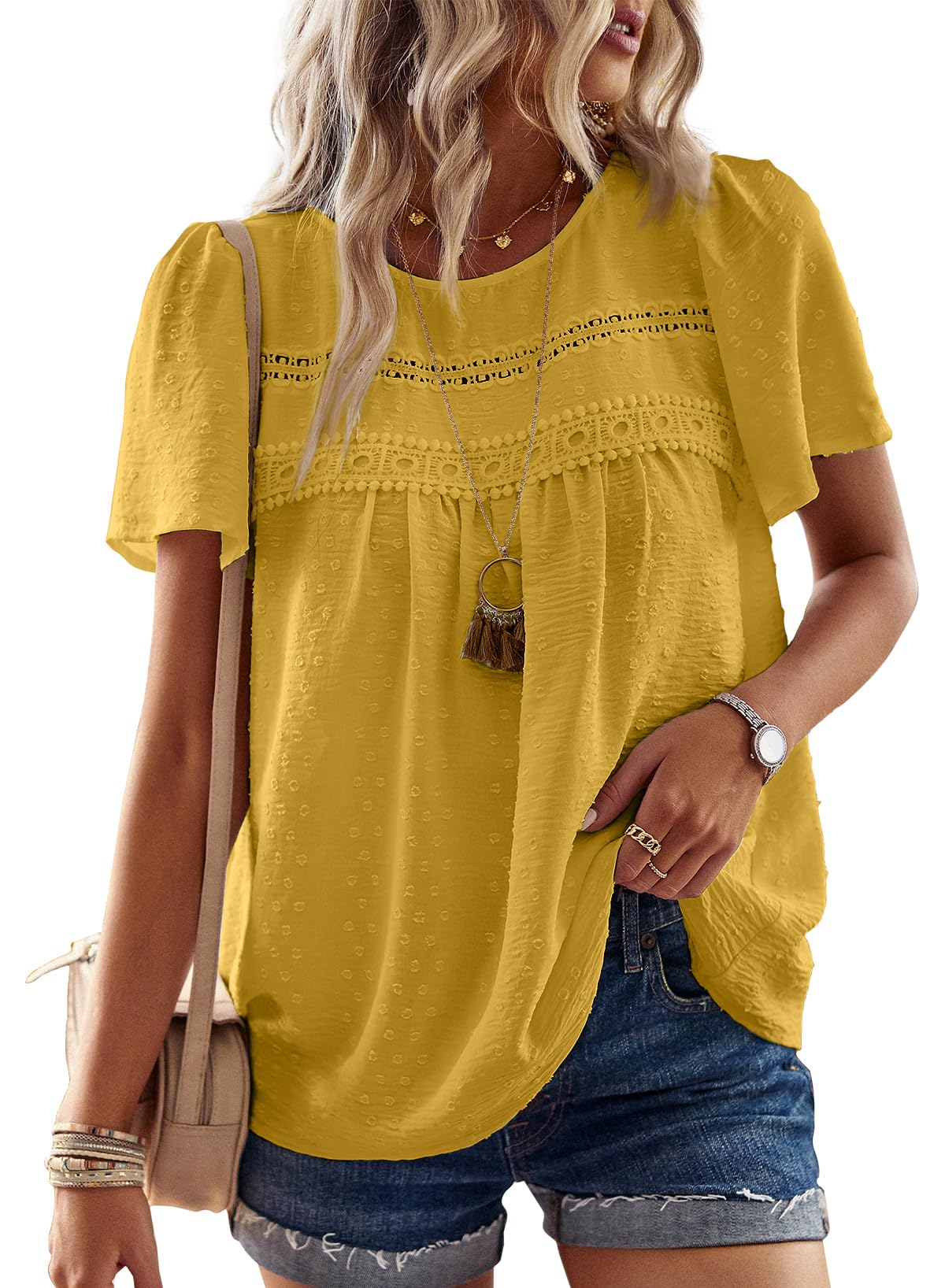 Falechay Womens Summer Tops Flowy Boho Shirts Dressy Casual Short Sleeve