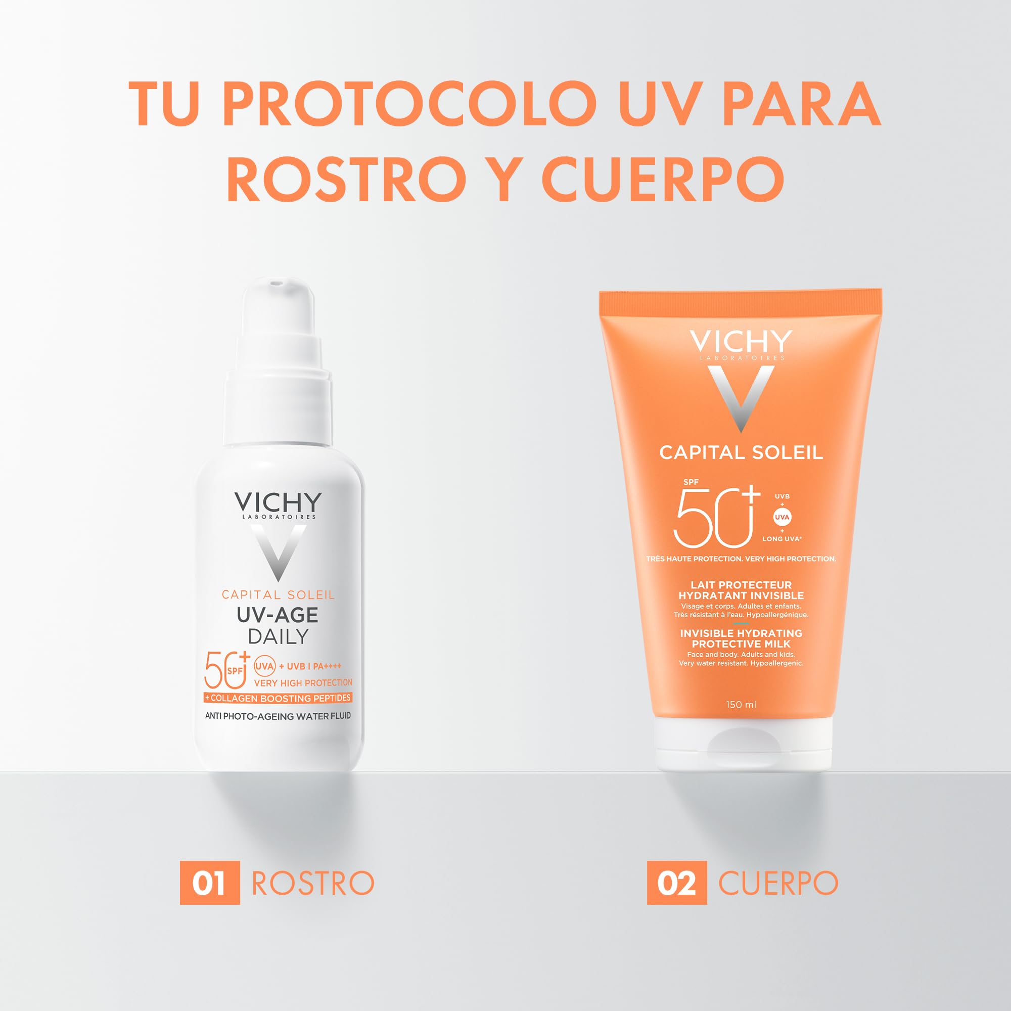 Vichy Capital Soleil Leche protectora solar hidratante invisible SPF50+, protección contra los rayos UVA+ UVB y UVA largos, 150 ml
