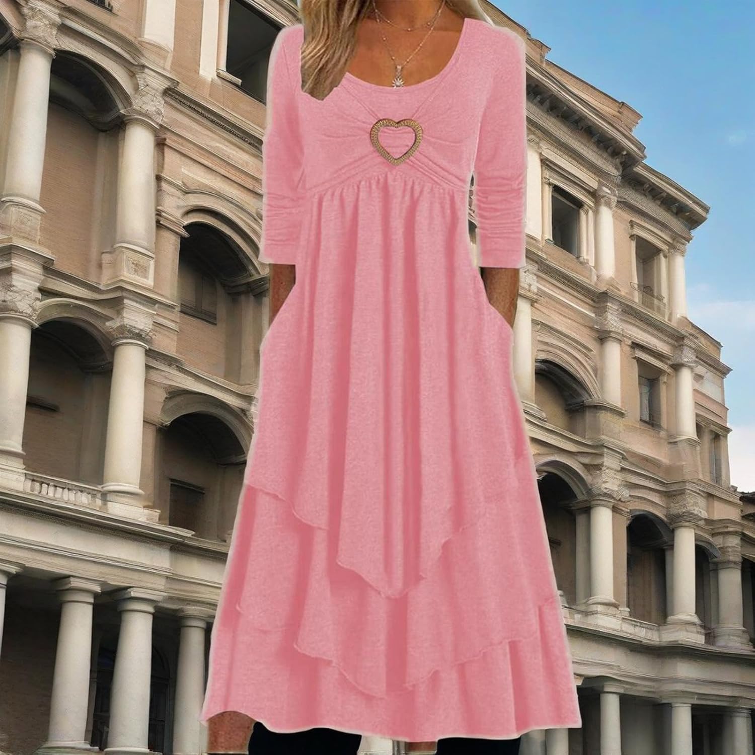 Winter Dresses for Women Wedding Guests Casual Cute Heart Long Sleeve Tiered Maxi Dress with Pockets Plus Size - Image 2