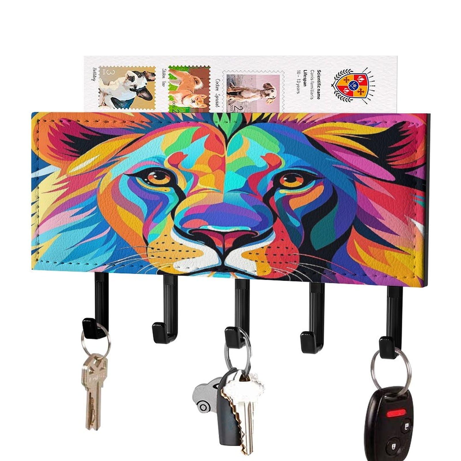 Fekiloot Black-Style Colorful Lion Key Holder Wall Mount Key Hanger With 5 Hooks Decorative Key Rack Hanging Key Hooks With Mail Organizer Key Holder For Wall Living Room Kitchen Bathroom Hallway Black