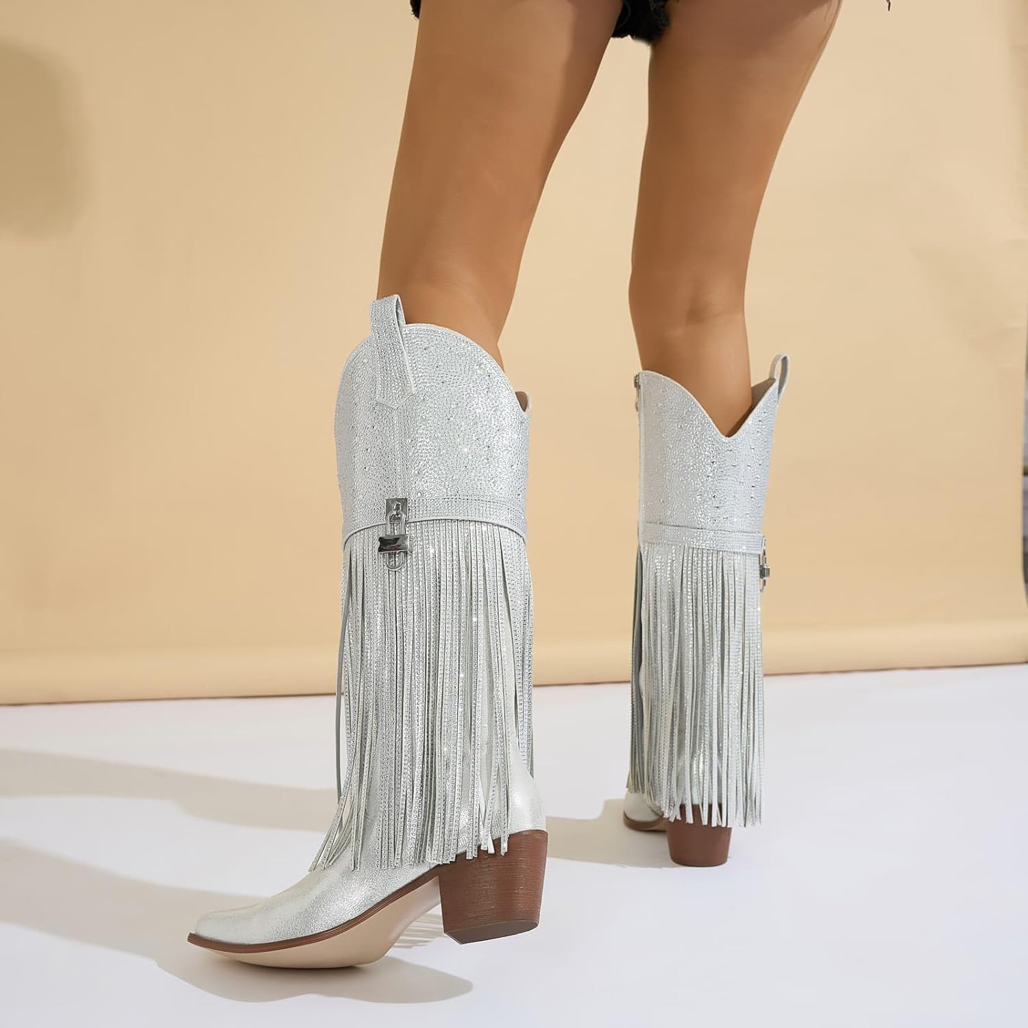 Fringe Cowboy Boots for Women, Sparkly Rhinestone Upper Side Zipper cowgirl boots Chunky Heels Pointed Toe knee High Western Boots Silver 7 - Image 3