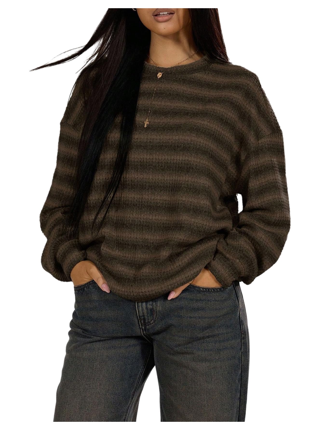 GORGLITTER Womens Striped Oversized Sweater Cute Cozy Color Block Crew Neck Fall Winter Knitted Pullover Tops