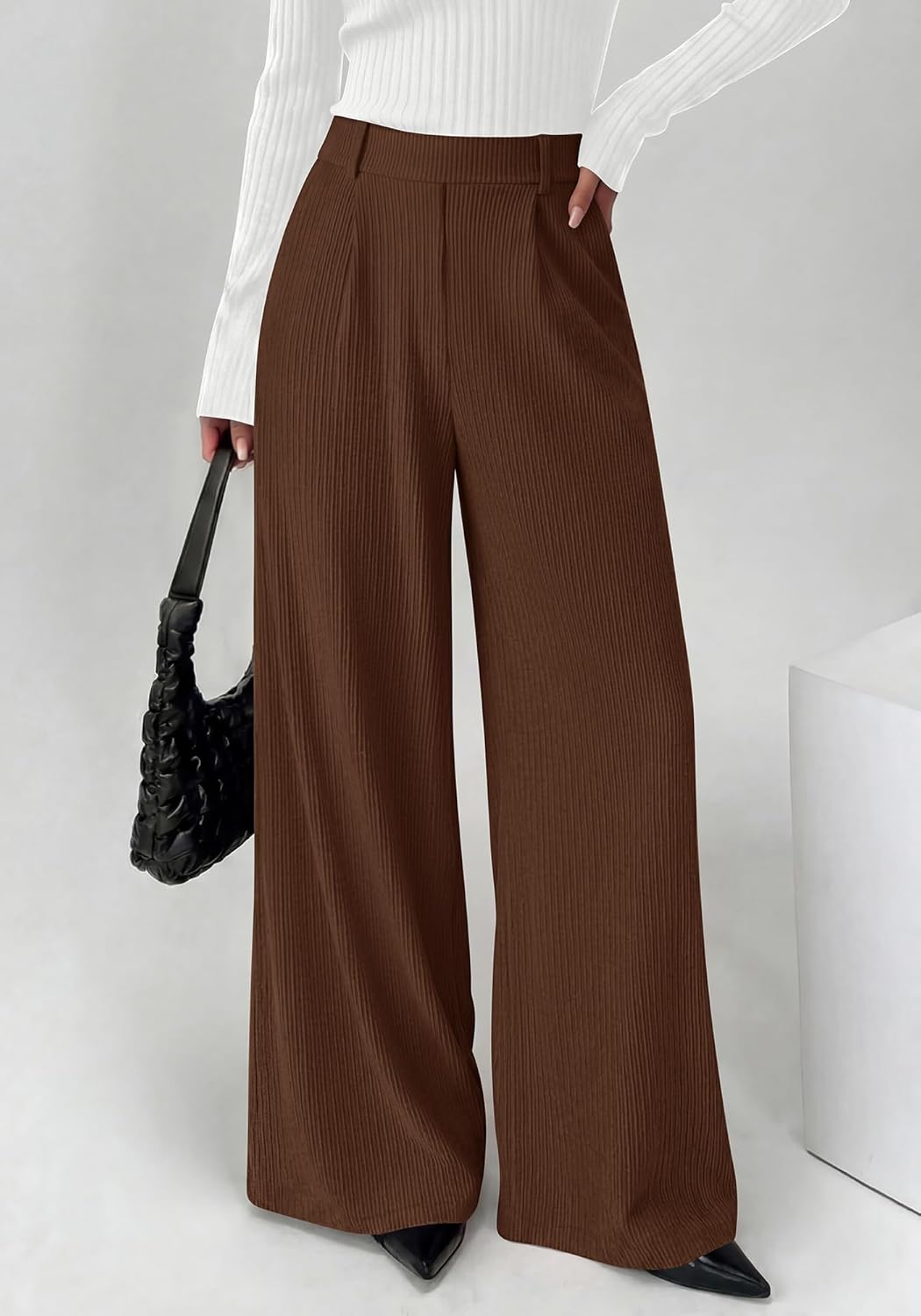 BTFBM Wide Leg Pants for Women Dressy Work Business Casual Elastic High Waisted Trousers Ribbed Lounge Palazzo Pants