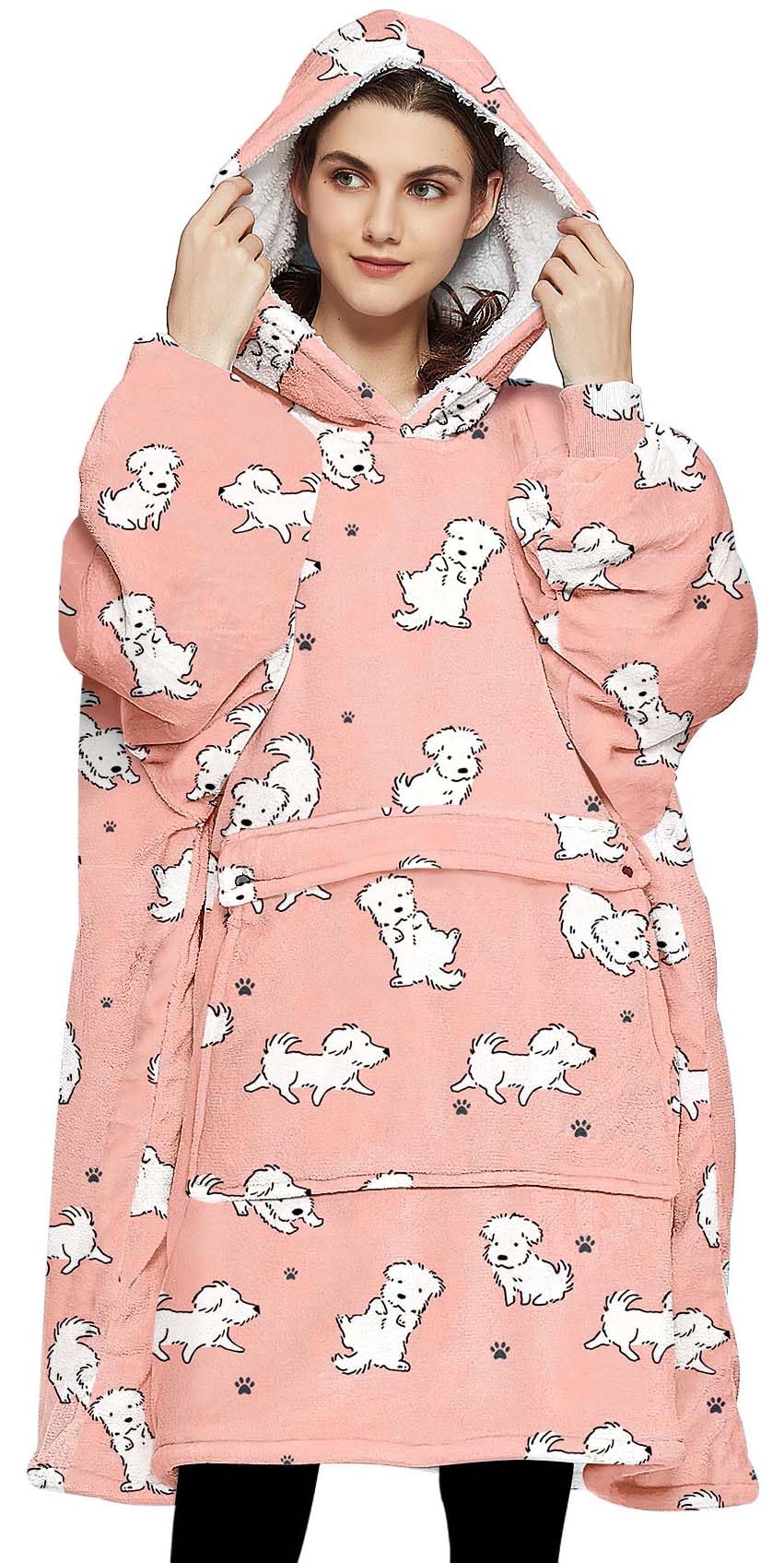 KFUBUO Wearable Blanket Hoodie for Adult Sherpa Dog Patterns Oversized Hoodie Sweatshirt Blanket with Pockets Birthday Gifts for Women