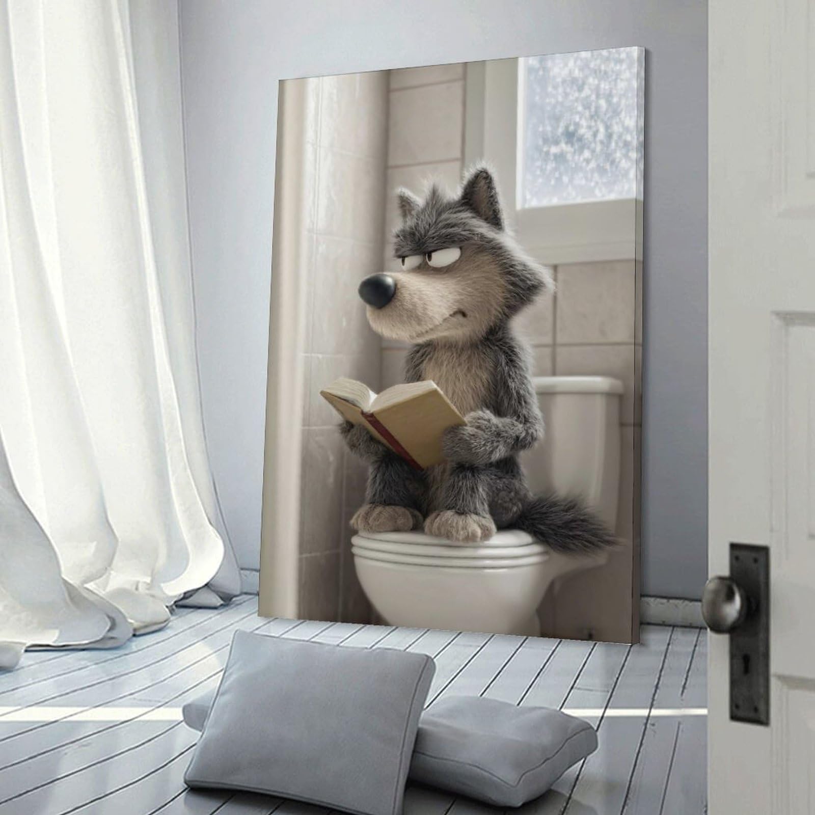 Junmoney Frame-Style-2 Wolf Reading A Book On A Toilet Poster, Picture, Metal Print, Paint By Creed Canvas Wall Picture, 12X18inch(30X45cm), For Wall Displays, Bedrooms Or Room Updates, Wall Decor Suited To Curated Displays
