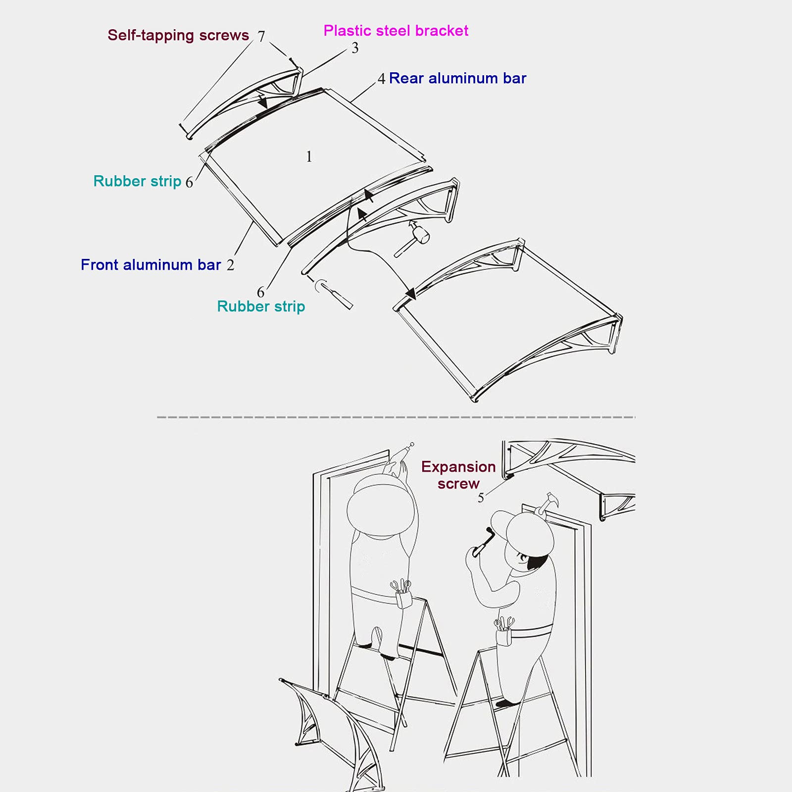 Auvent de Porte de fenêtre incurvé Silencieux avec Protection UV, Supports en Alliage d'aluminium, résistant à l'eau et aux Chocs, Couverture extérieure en Polycarbonate Marron (80 x 270 cm)