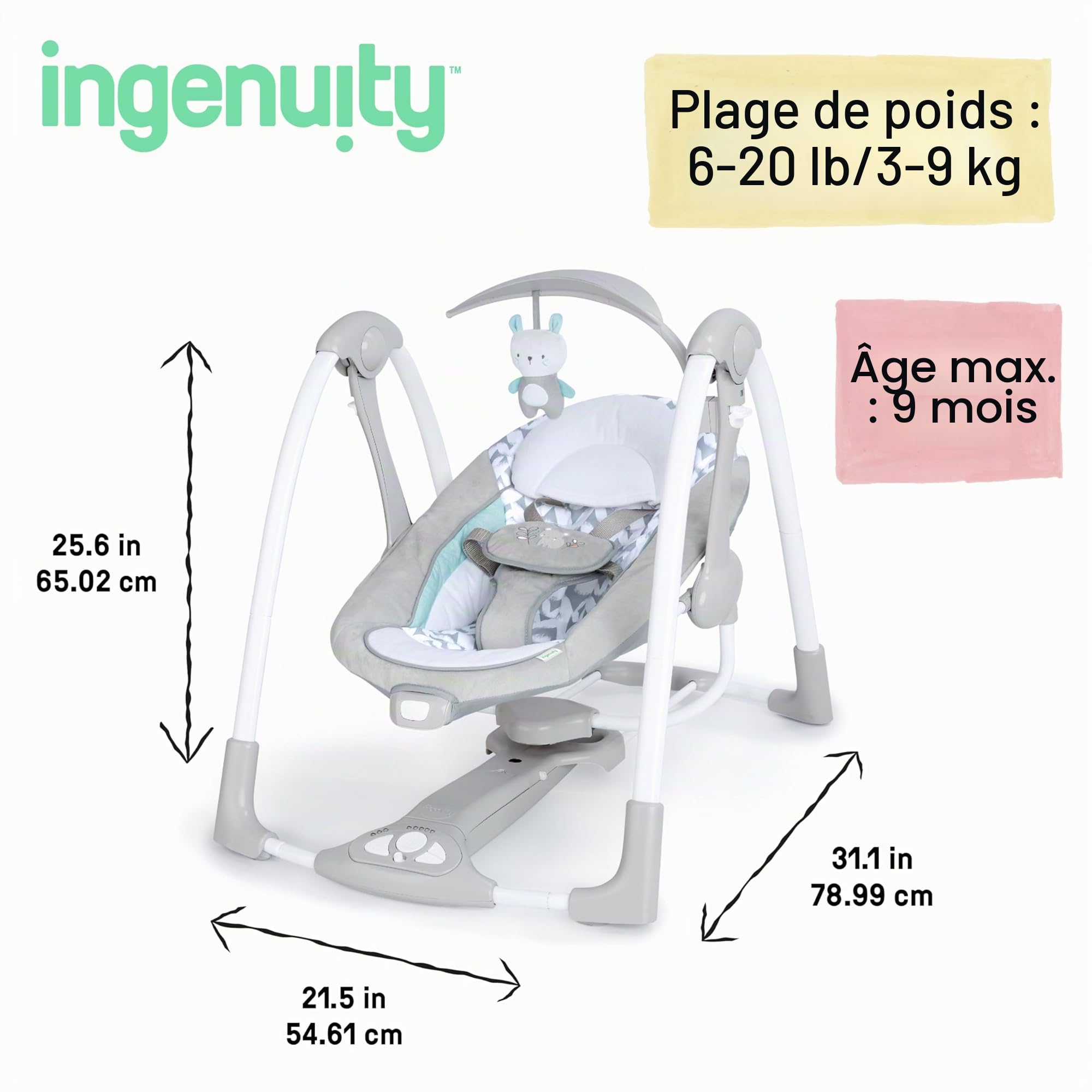 Ingenuity, Balancelle Compacte - Raylan, 5 vitesses de balancement, vibrations apaisantes, 12 mélodies, 4 sons de la nature, arche de jeu, dès la naissance à 9 kg