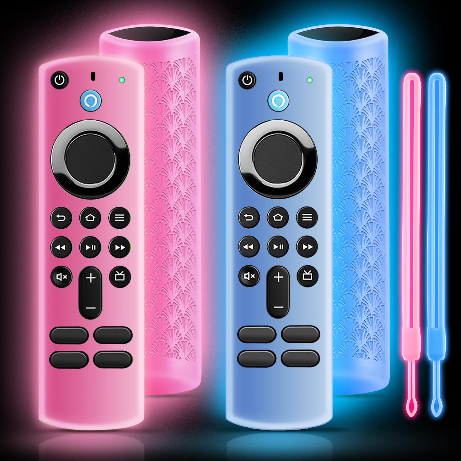 ONEBOM (2 Pack) Silicone TV Remote Cover,Anti Slip Silicone Protective Case with Same Color Lanyard（Glow Pink&amp;Glow Blue）