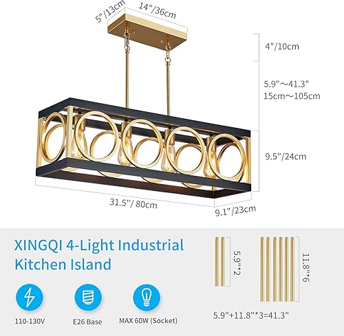 Miniatura 3 de XINGQI Lámpara de araña rectangular moderna, iluminación de isla de cocina de granja, lámpara colgante industrial rústica de 4 luces, colgante