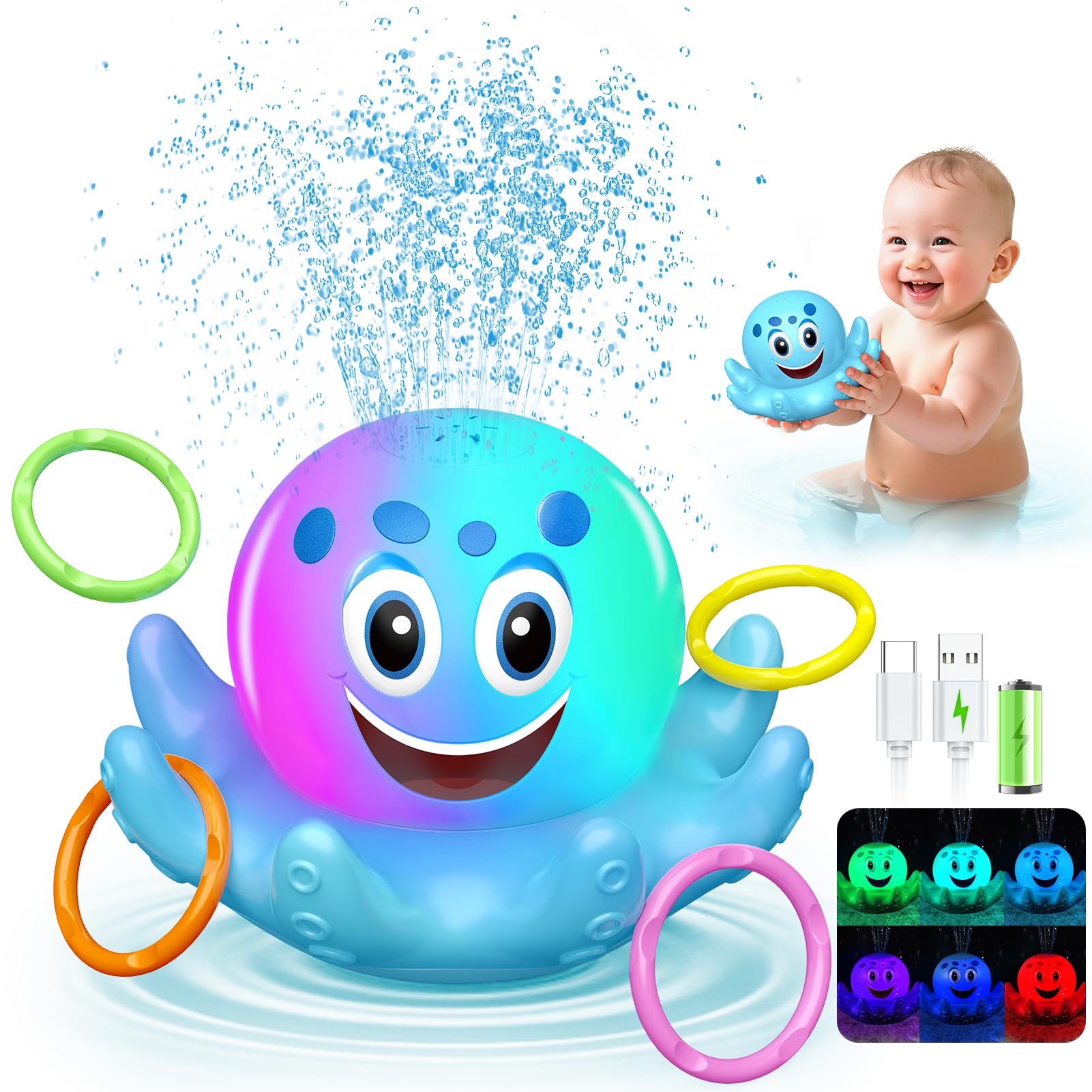 Wootoy Bath Toys -Light Up Octopus Sprinkler & Ring Toss for Toddlers