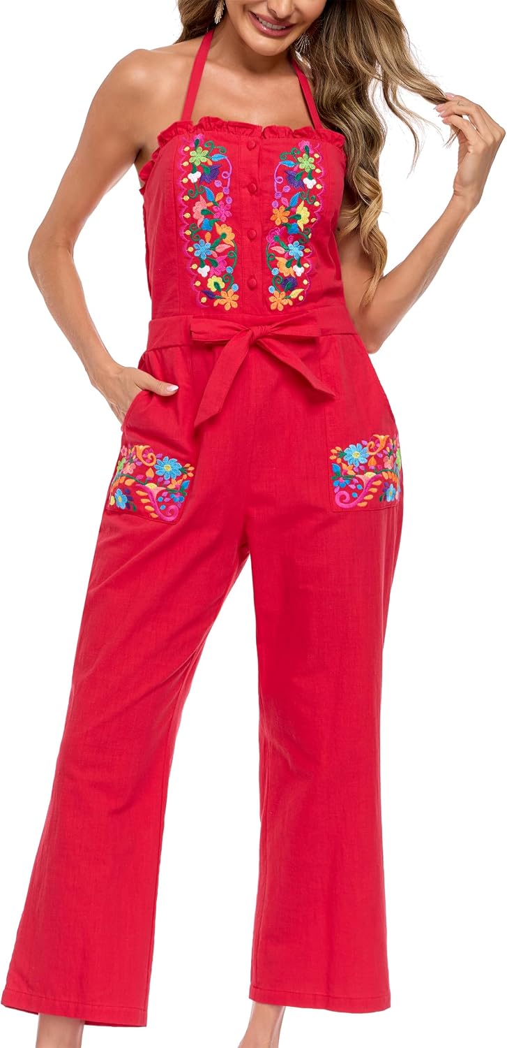 Women's Floral Embroidered Jumpsuit Casual Wide Leg Boho Pocket Romper