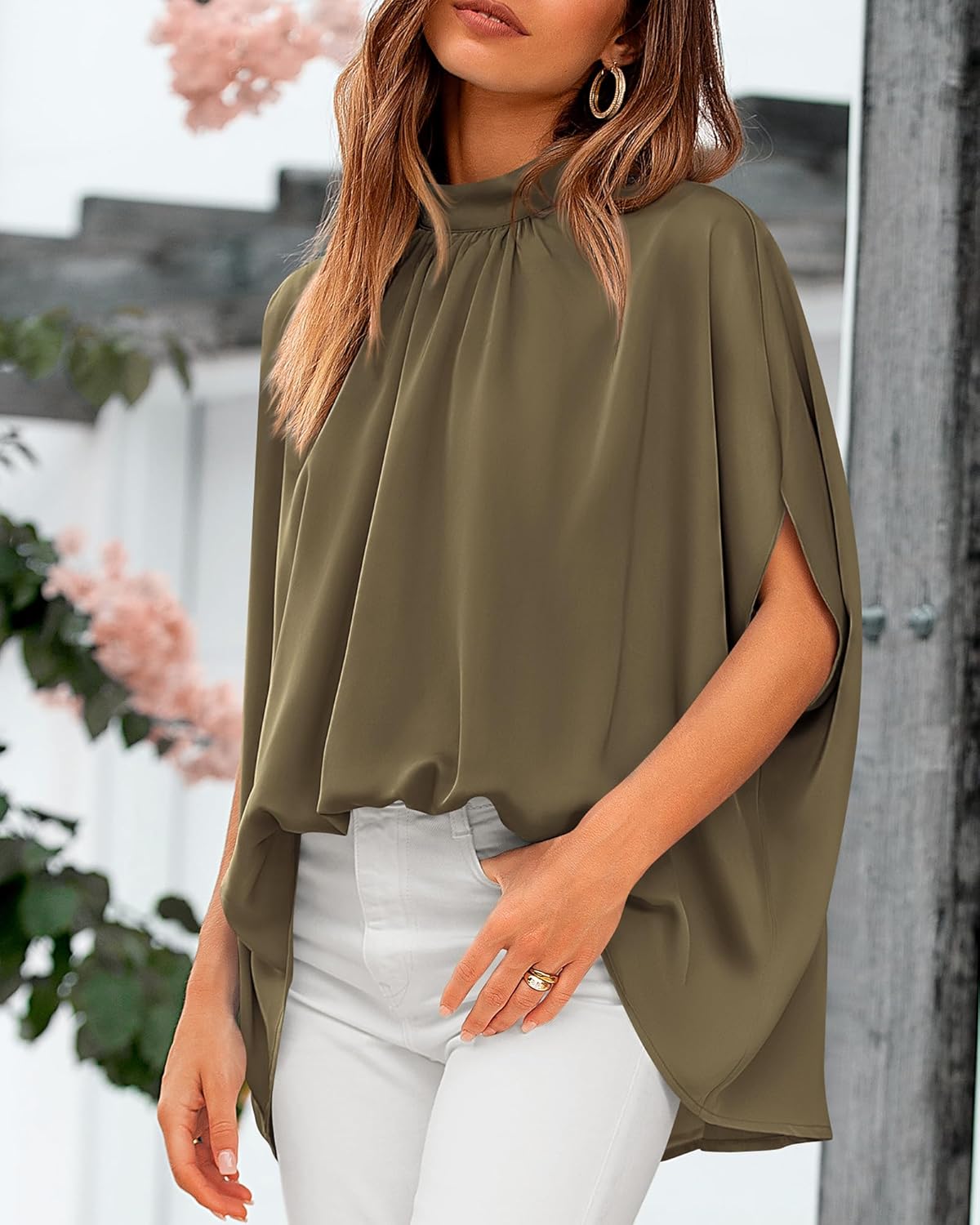 BTFBM Womens Summer Tops 2026 Mock Neck Batwing Sleeve Silk Satin Shirts Loose Oversized Dressy Casual Spring Blouses - Image 8