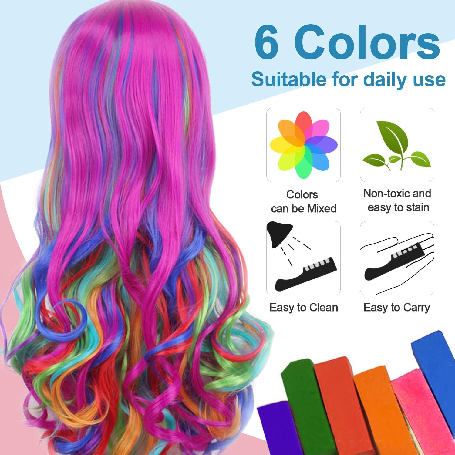 6 Colori Capelli Gesso con Coperchio, EBANKU Gessetti per Capelli Temporanei,Gessetti per Capelli Lavabili per Bambini, Adulti e Cosplay fai da te,Funziona su Tutti i Colori di Capelli (Nero)