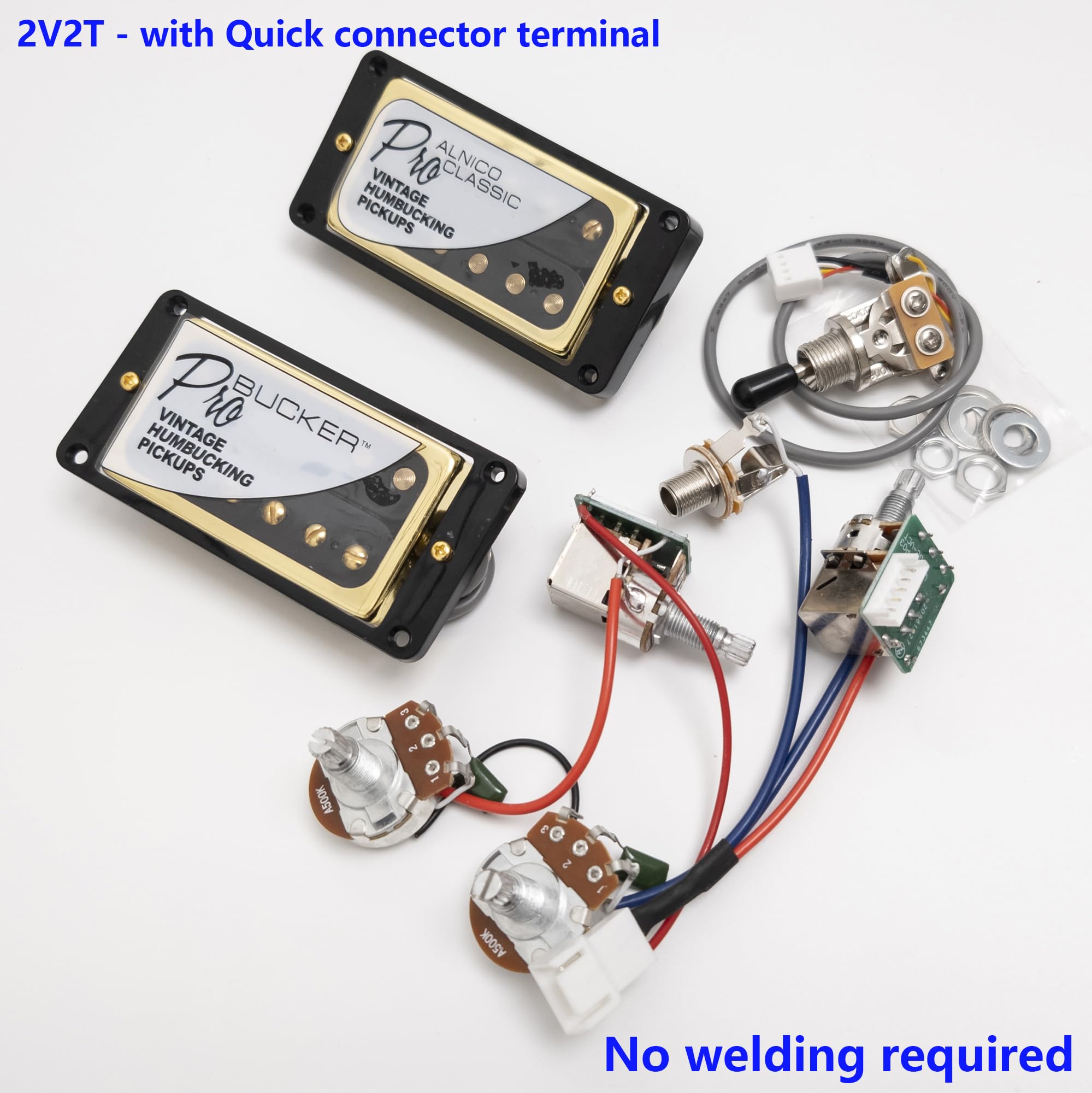 Przetwornicy ProBucker Alnico 2 Humbucker do gitar Gibson Les Paul, przetwornicy pod gryf i pod mostek z 4-rdzeniowymi terminalami Quick Connect, kabel 2V2T, ulepszenie Push Pull (Czarno-złote)