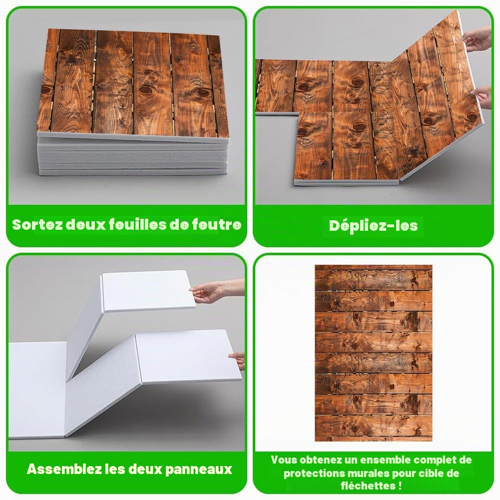 Cible de fléchettes - Protection murale et isolation acoustique - 6 plaques de feutre autocollantes en grain de bois (30 x 30 cm) comme planche surround pour cible de fléchettes, anneau de protection