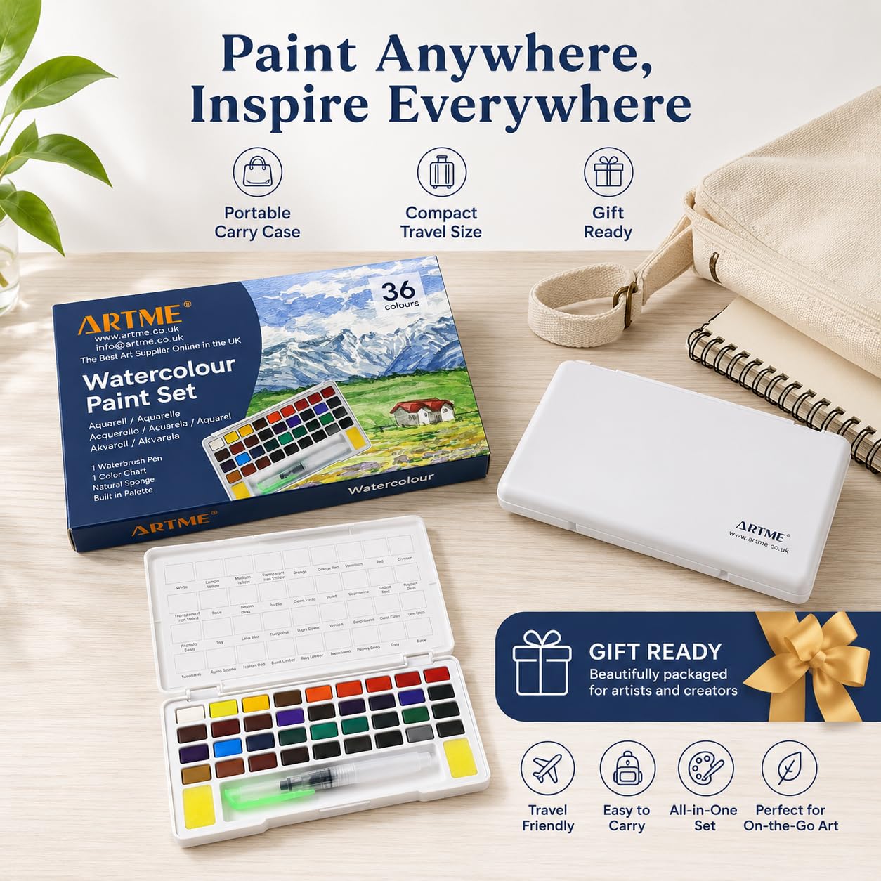 Artme Acquarelli/Set per pittura ad acquerello con cubo in custodia da trasporto con pennello - 36 colori vivaci, fornitura artistica essenziale.