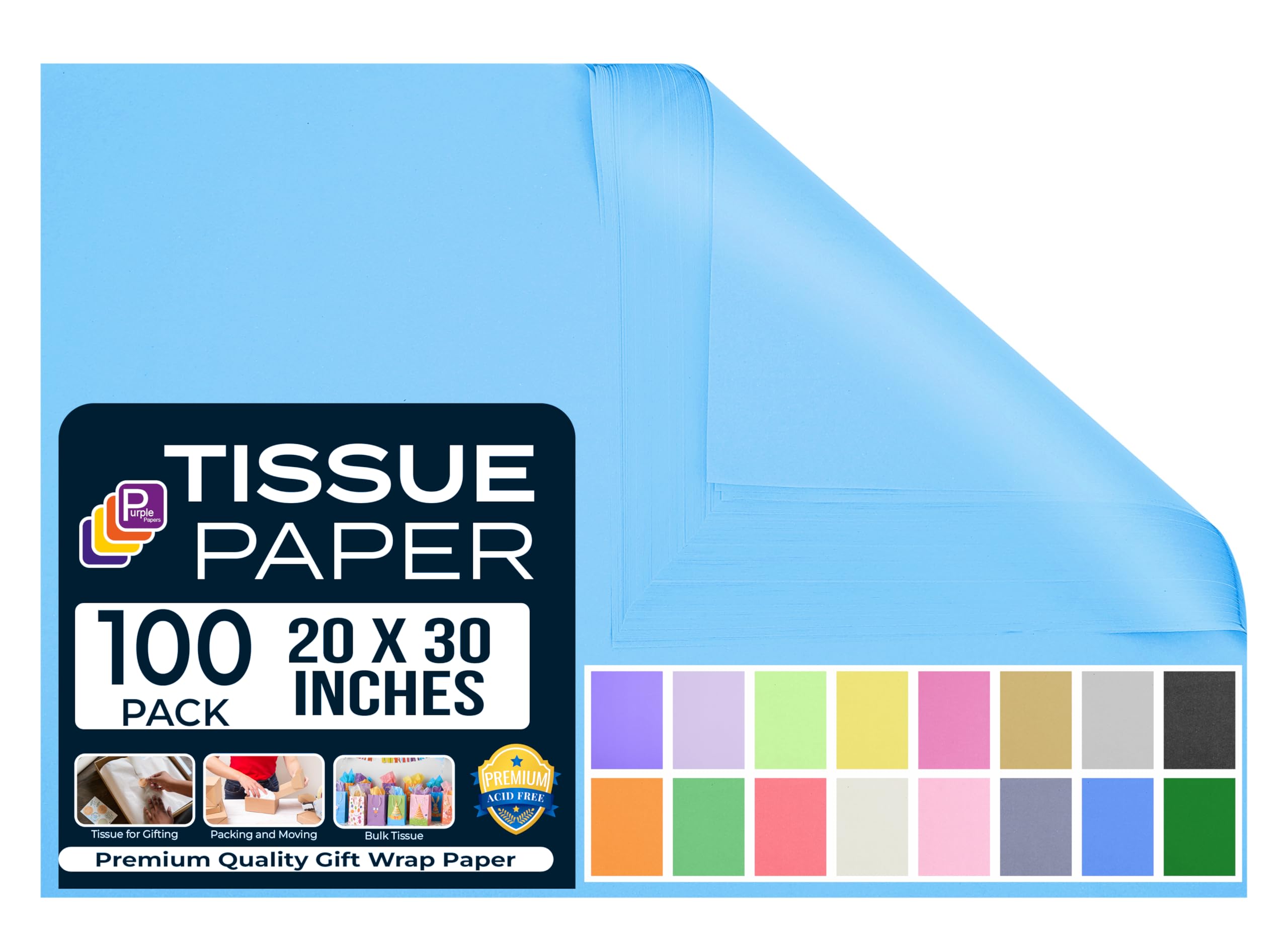 Light Blue Tissue Paper 20"x30" - Baby Blue Tissue Paper for Gift Bags, Bulk Pack of 100 Sheets, Perfect for Wrapping and Crafts, Soft & Durable