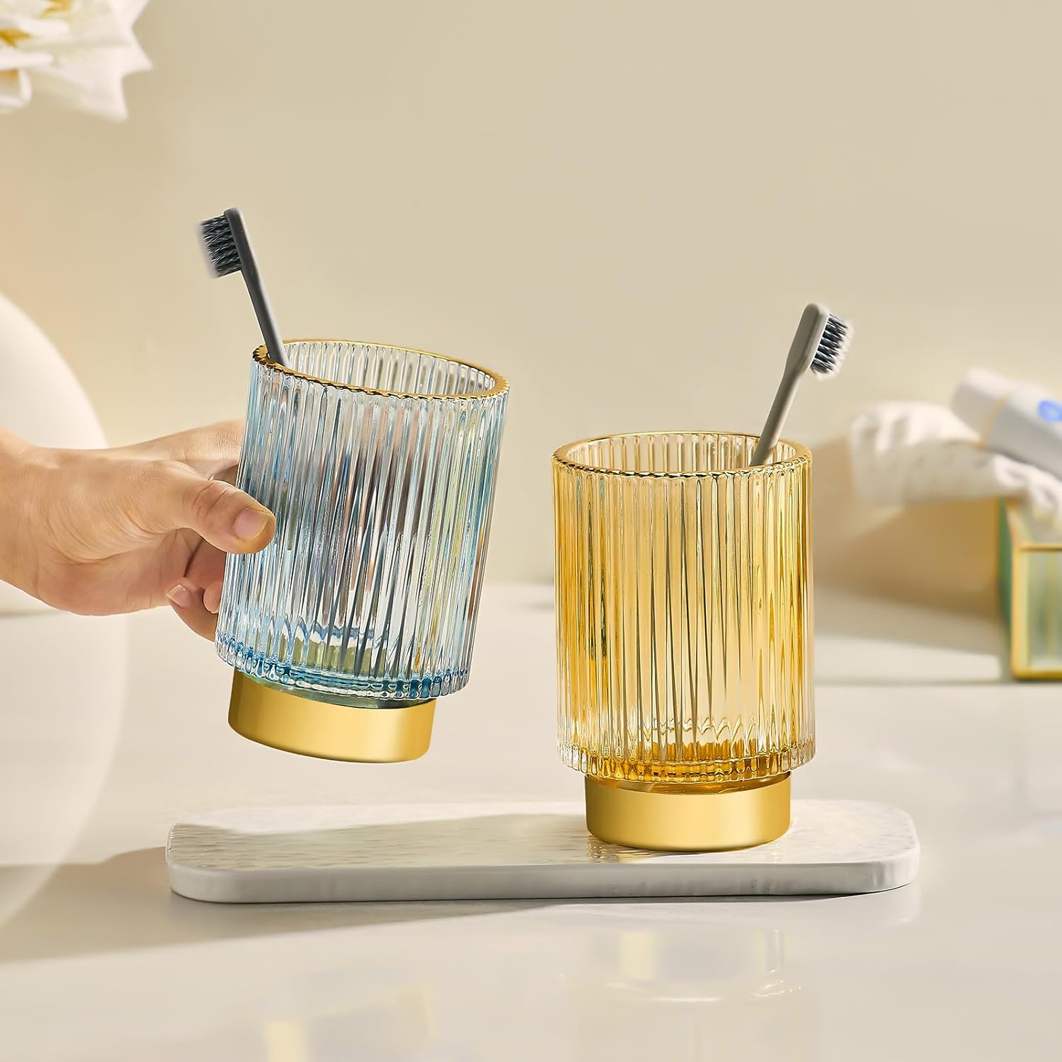 Makeup Brush Holder Organizer,Toothbrush Holders,Desk Pen Pencil Holder,Multifunctional Vintage Glass Brush Cup（S+L/White/A3-4-US）